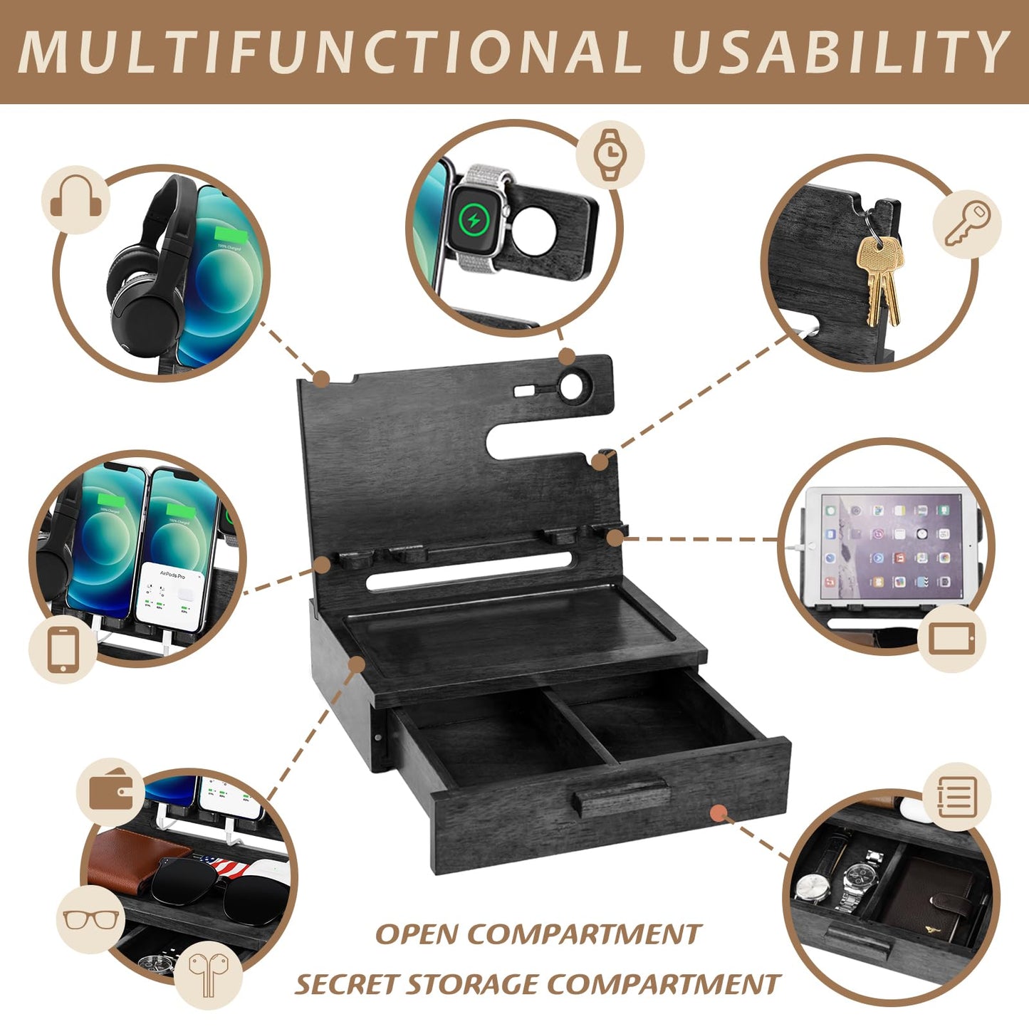 Gifts for Men Dad from Daughter Son Christmas, Wood Phone Docking Station with Drawer, Husband Birthday Gifts Him Boyfriend from Wife Anniversary Nightstand Organizer Xmas Stocking Stuffers