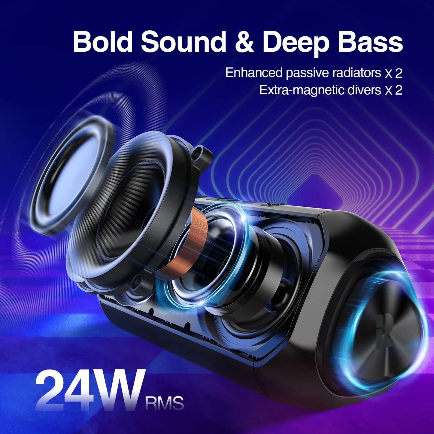 Bluetooth Speakers, [Blod Bass & Dynamic Lights] Portable Wireless Speaker with 20W Powerful Sound, 24Hrs Playtime, Build-in MIC, IP66 Waterproof/Dustproof Blue Tooth Speaker