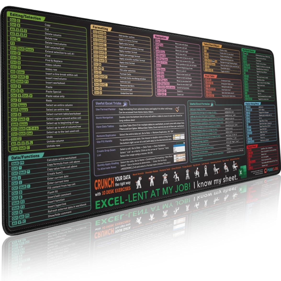 Excel Shortcut Keys Mouse Pad - Extended Large XL Cheat Sheet Gaming Mousepad | PC Office Spreadsheet Keyboard Mat | Non-Slip Stitched Edge