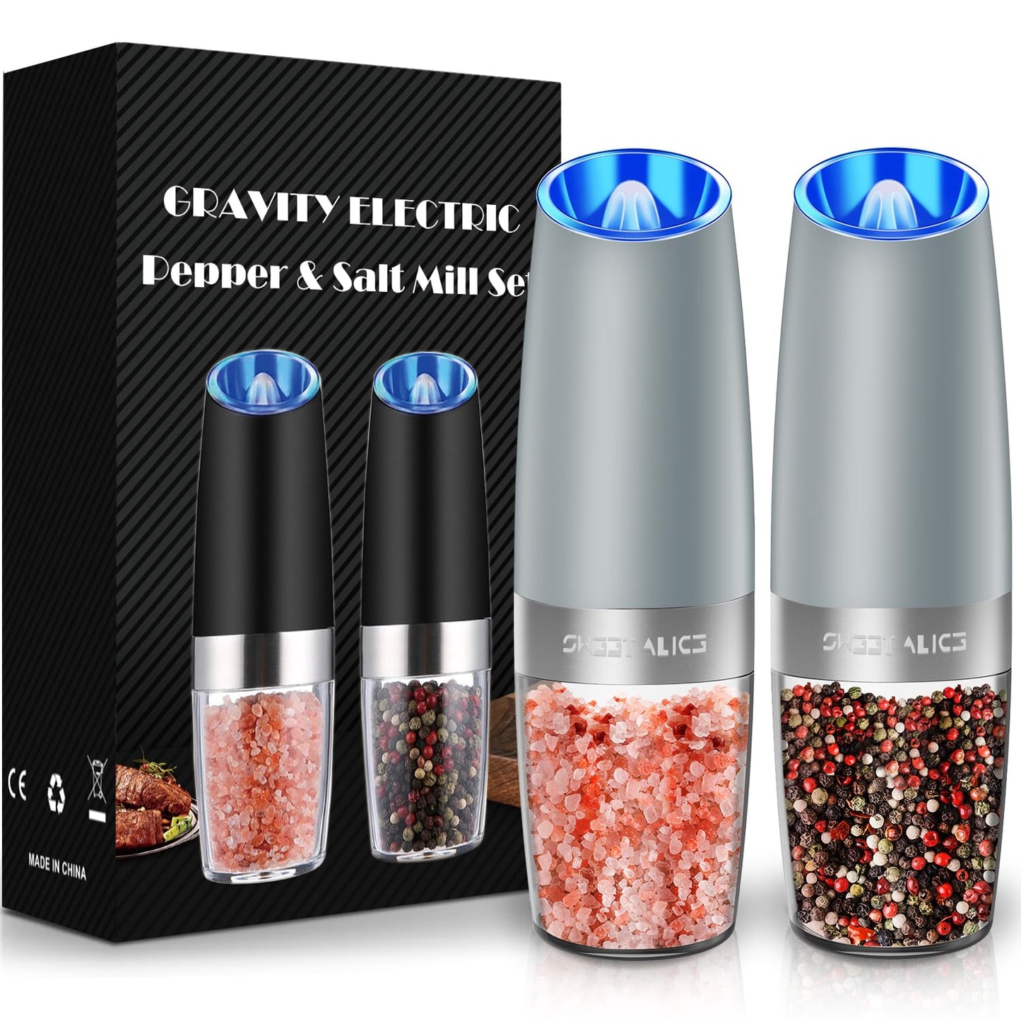 Gravity Electric Pepper and Salt Grinder Set, Salt and Pepper Mill & Adjustable Coarseness, Battery Powered with LED Light, One Hand Automatic Operation, Stainless Steel (Set/Silver)