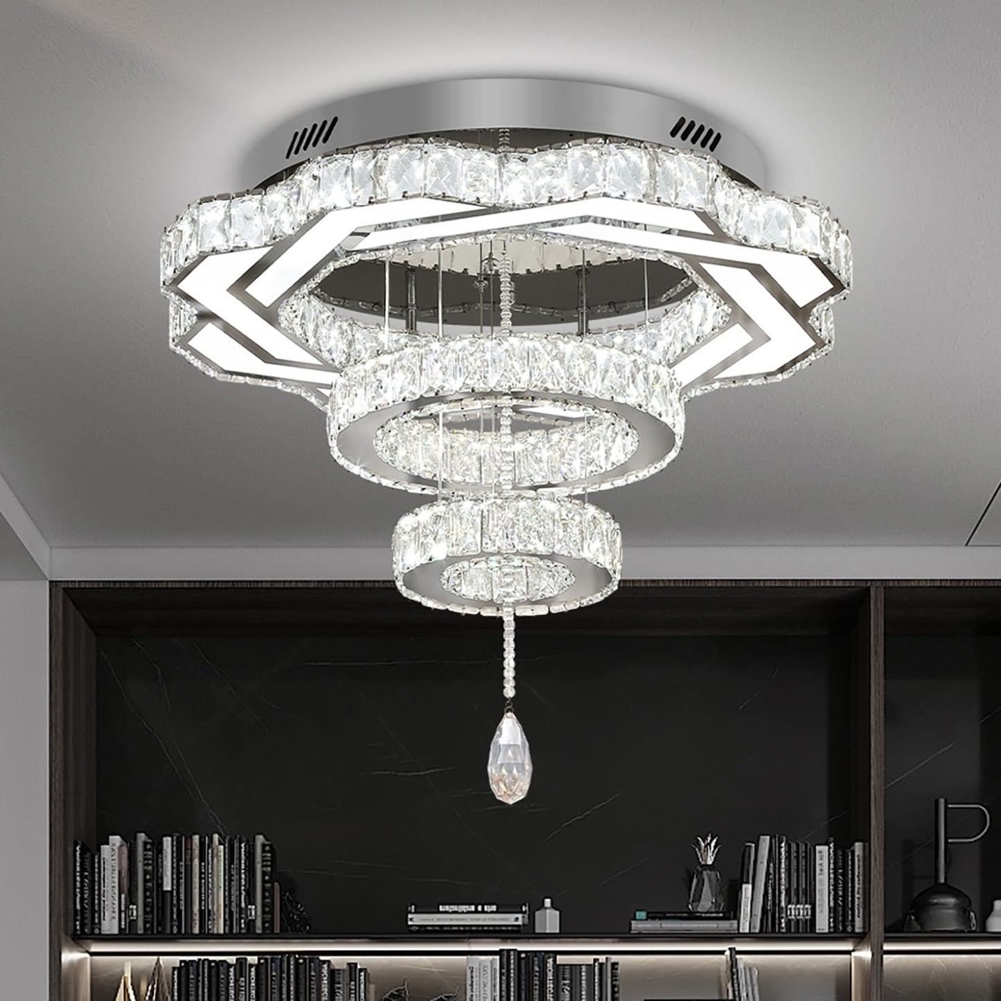 Flashing God Crystal Chandeliers Dia 32" Silver Elegant Chandelier Flush Mount Ceiling Light for Bedroom Living Room Dining Room Hallway Dimmable 3 Rings LED Celing Lighting Fixtures