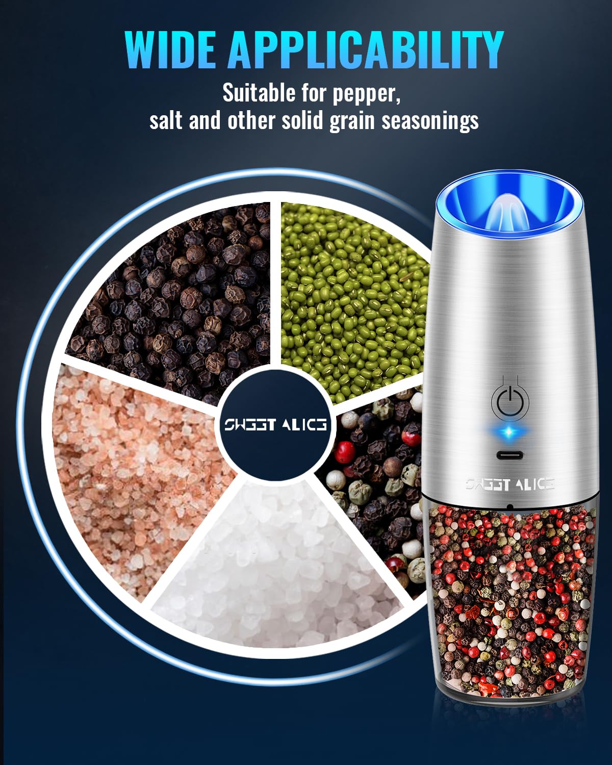 Gravity Electric Pepper and Salt Grinder Set, Salt and Pepper Mill & Adjustable Coarseness, Battery Powered with LED Light, One Hand Automatic Operation, Stainless Steel (Set/Silver)