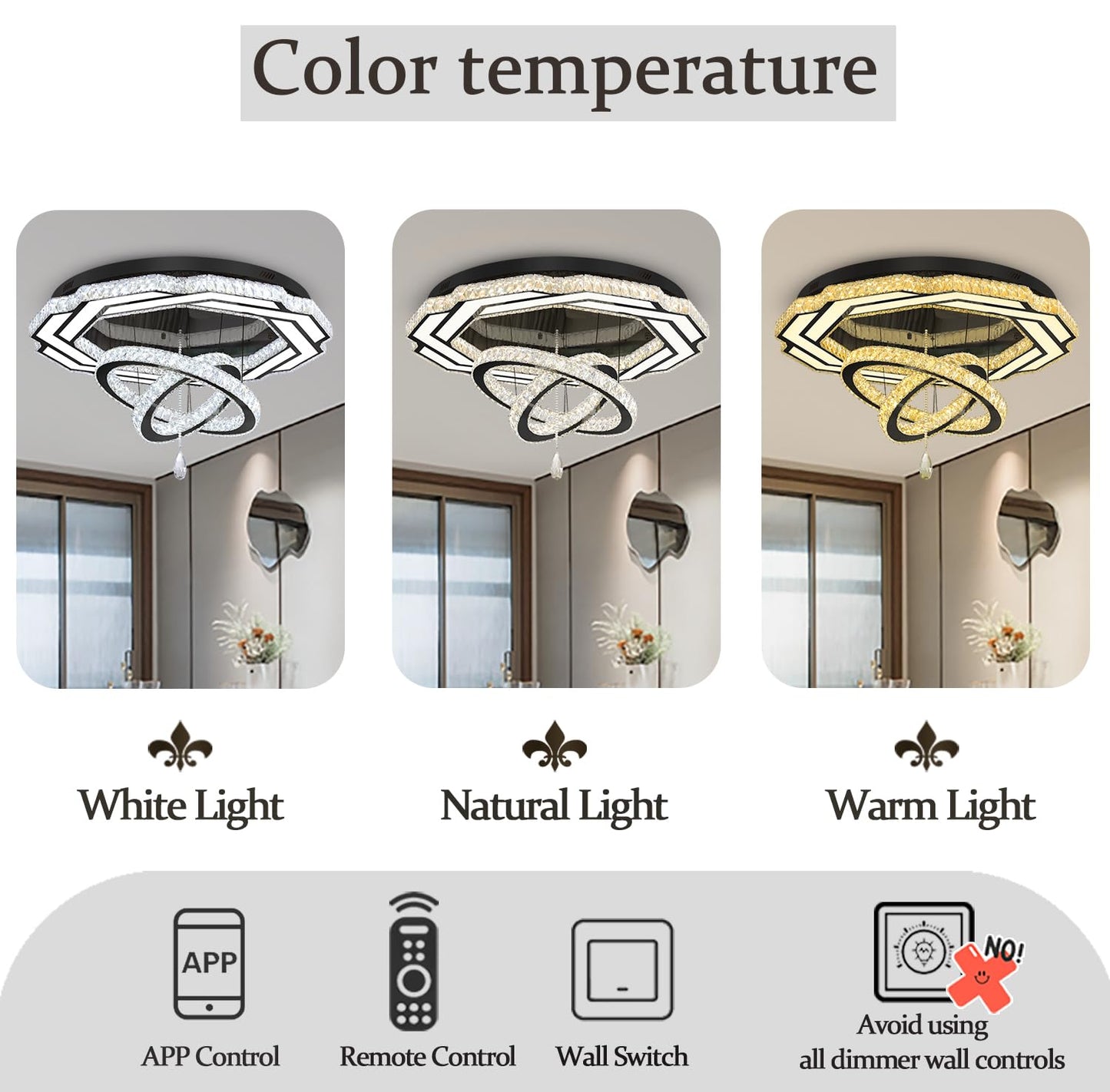 Flashing God Crystal Chandeliers Dia 32" Silver Elegant Chandelier Flush Mount Ceiling Light for Bedroom Living Room Dining Room Hallway Dimmable 3 Rings LED Celing Lighting Fixtures