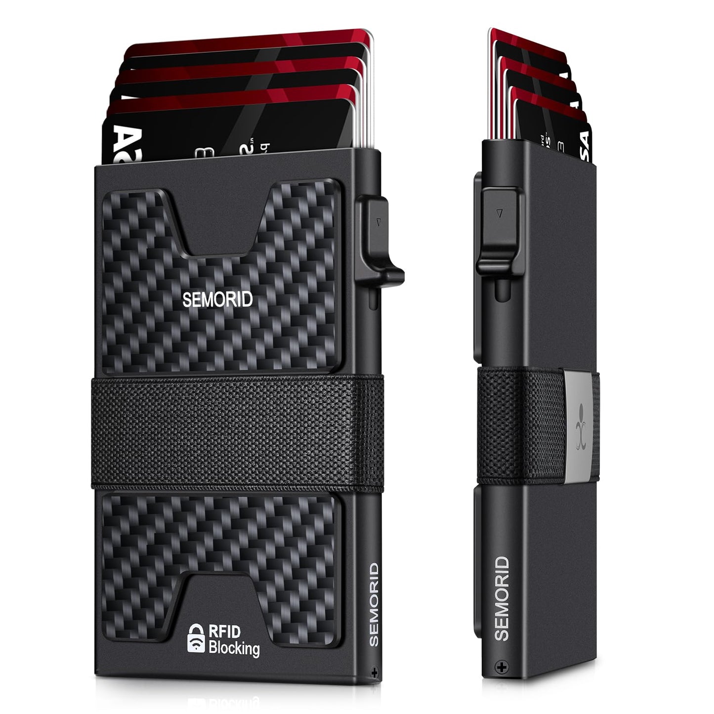 Slim Aluminum Card Holder Wallet for Men, Durable Expandable Backplate, RFID Blocking Minimalist Metal Pop Up Wallet, Holds 12+ Cards Plus Cash (Black)