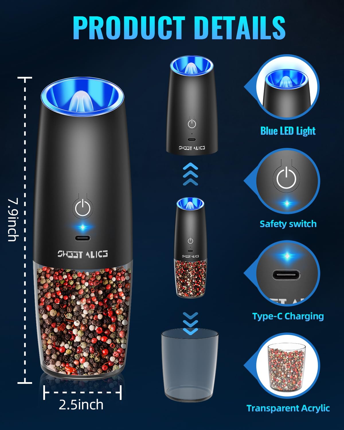 Gravity Electric Pepper and Salt Grinder Set, Salt and Pepper Mill & Adjustable Coarseness, Battery Powered with LED Light, One Hand Automatic Operation, Stainless Steel (Set/Silver)