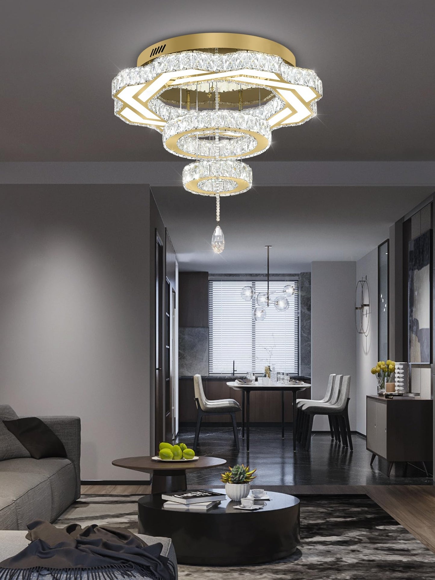 Flashing God Crystal Chandeliers Dia 32" Silver Elegant Chandelier Flush Mount Ceiling Light for Bedroom Living Room Dining Room Hallway Dimmable 3 Rings LED Celing Lighting Fixtures
