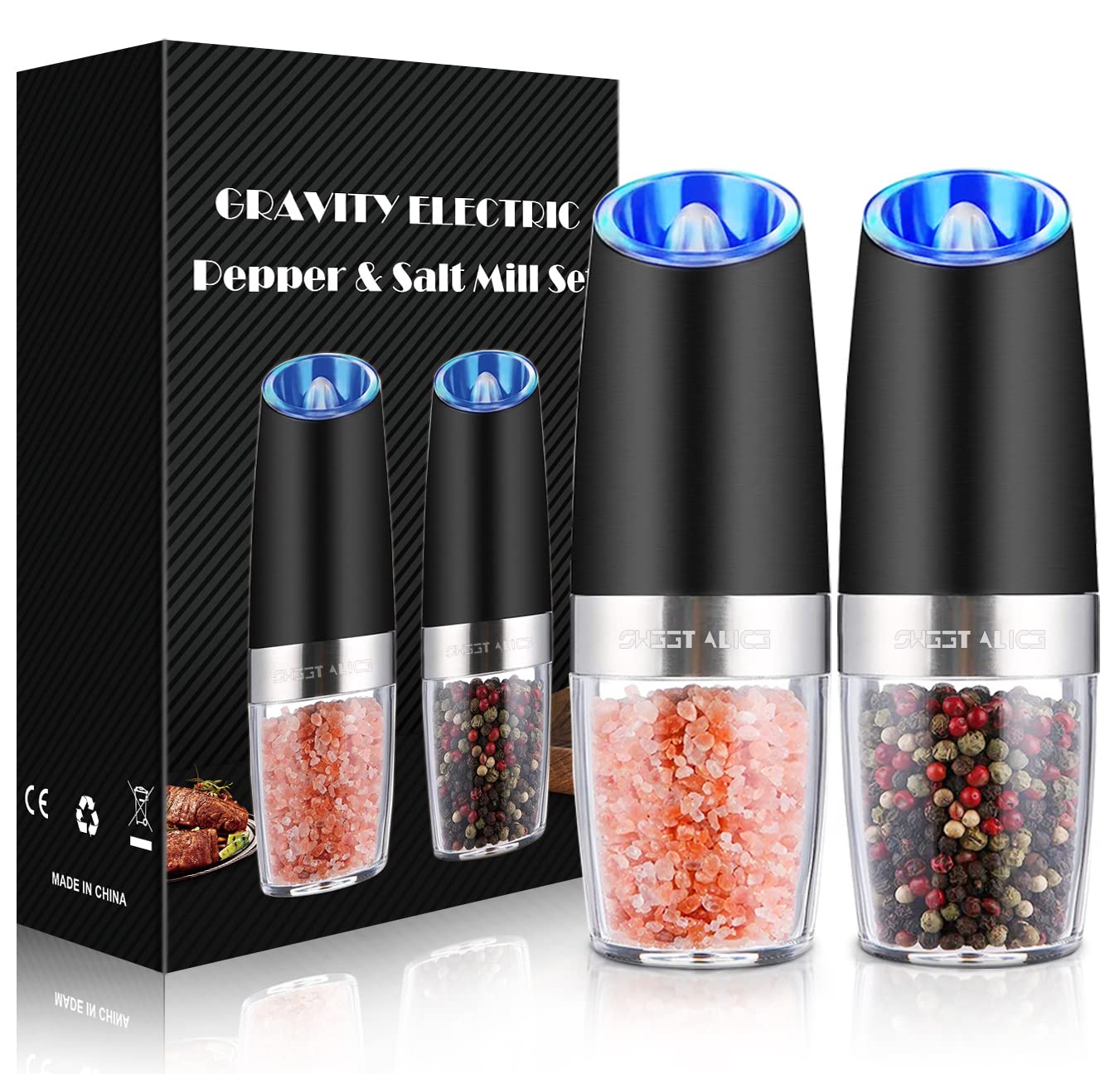 Gravity Electric Pepper and Salt Grinder Set, Salt and Pepper Mill & Adjustable Coarseness, Battery Powered with LED Light, One Hand Automatic Operation, Stainless Steel (Set/Silver)