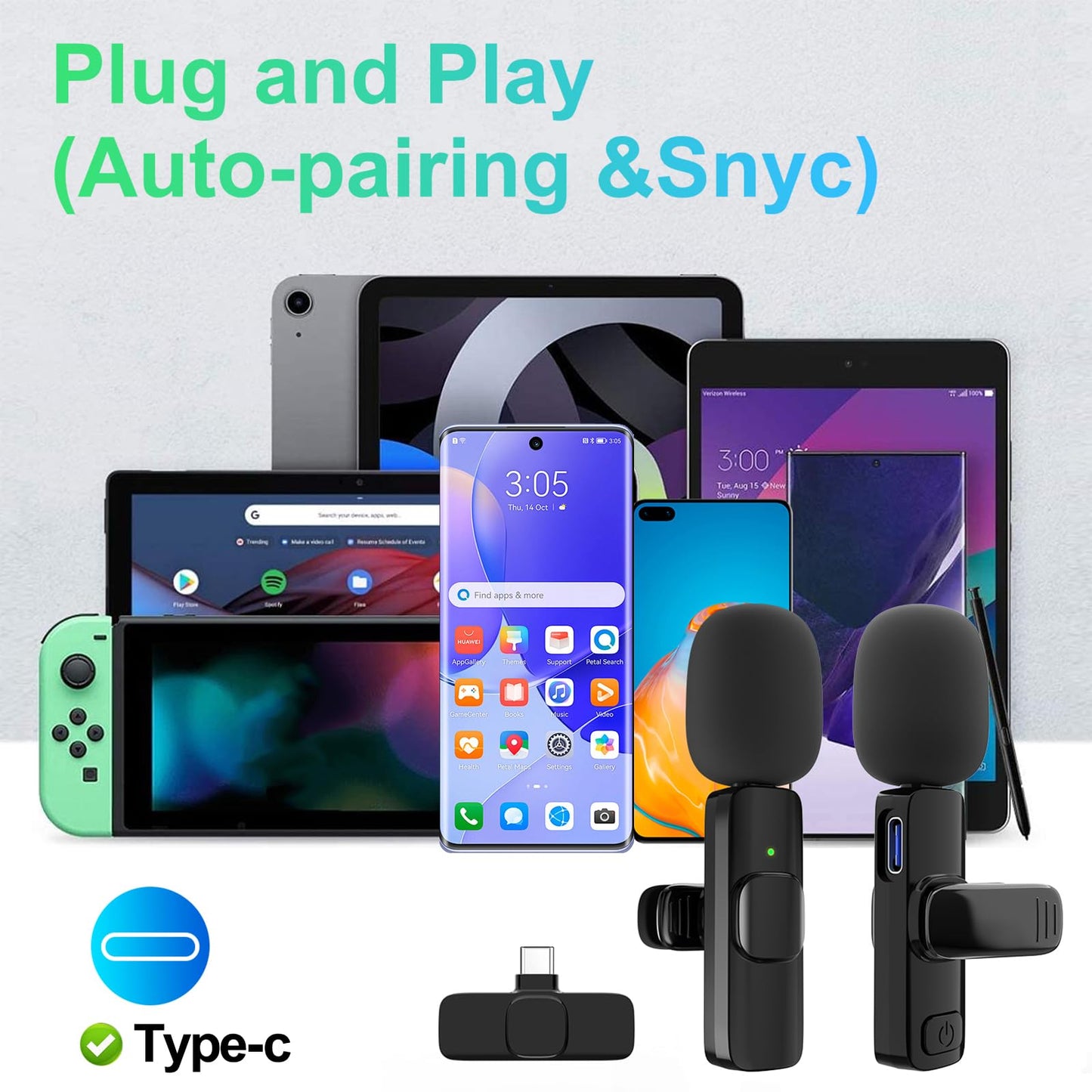 2 Pack Wireless Lavalier Microphone for iPhone, Professional Lapel Mics, Wireless Mic Plug-Play, Lapel Microphone for Video Recording Interview TikTok (USB C for Android iphone15/16)