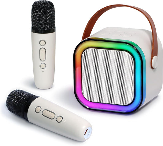 Portable Mini Karaoke Machine with 2 Wireless Mics for Party, Camping, Outdoor Bonfire, TIK Tok Live, TF/USB/AUX Support, Ideal Gift for Kids & Adults (Beige)