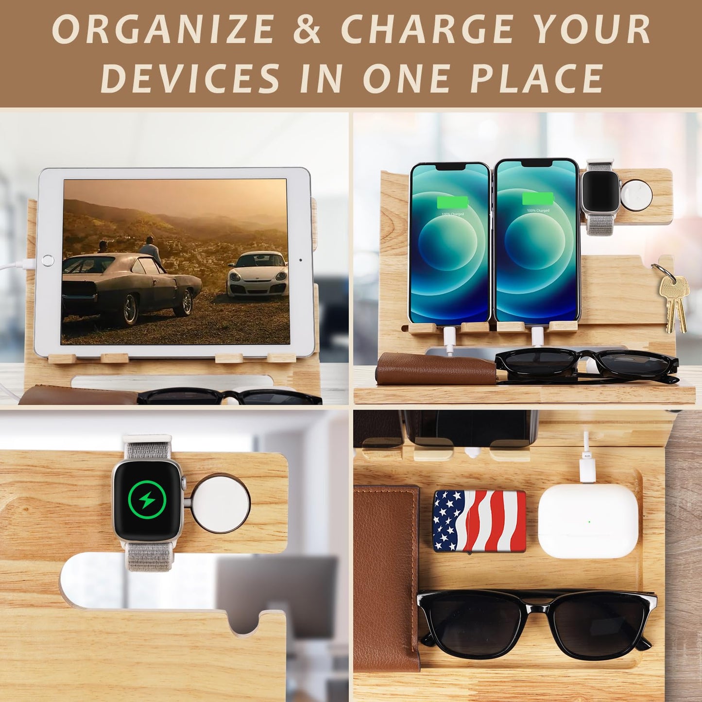 Gifts for Men Dad from Daughter Son Christmas, Wood Phone Docking Station with Drawer, Husband Birthday Gifts Him Boyfriend from Wife Anniversary Nightstand Organizer Xmas Stocking Stuffers