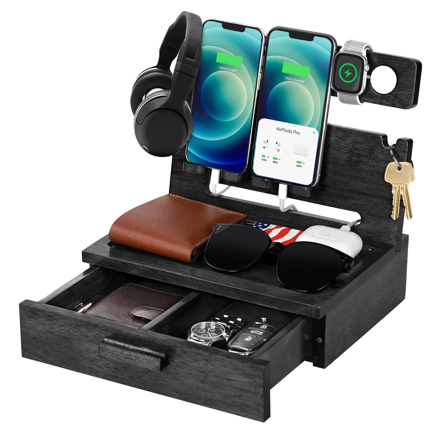 Gifts for Men Dad from Daughter Son Christmas, Wood Phone Docking Station with Drawer, Husband Birthday Gifts Him Boyfriend from Wife Anniversary Nightstand Organizer Xmas Stocking Stuffers