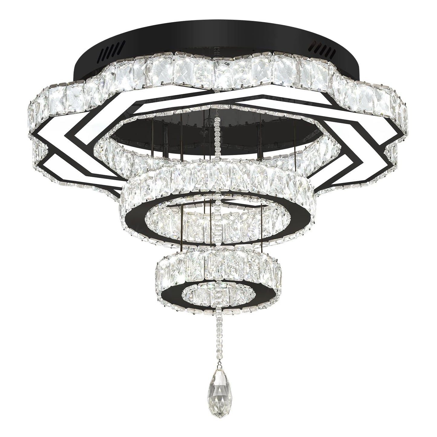 Flashing God Crystal Chandeliers Dia 32" Silver Elegant Chandelier Flush Mount Ceiling Light for Bedroom Living Room Dining Room Hallway Dimmable 3 Rings LED Celing Lighting Fixtures