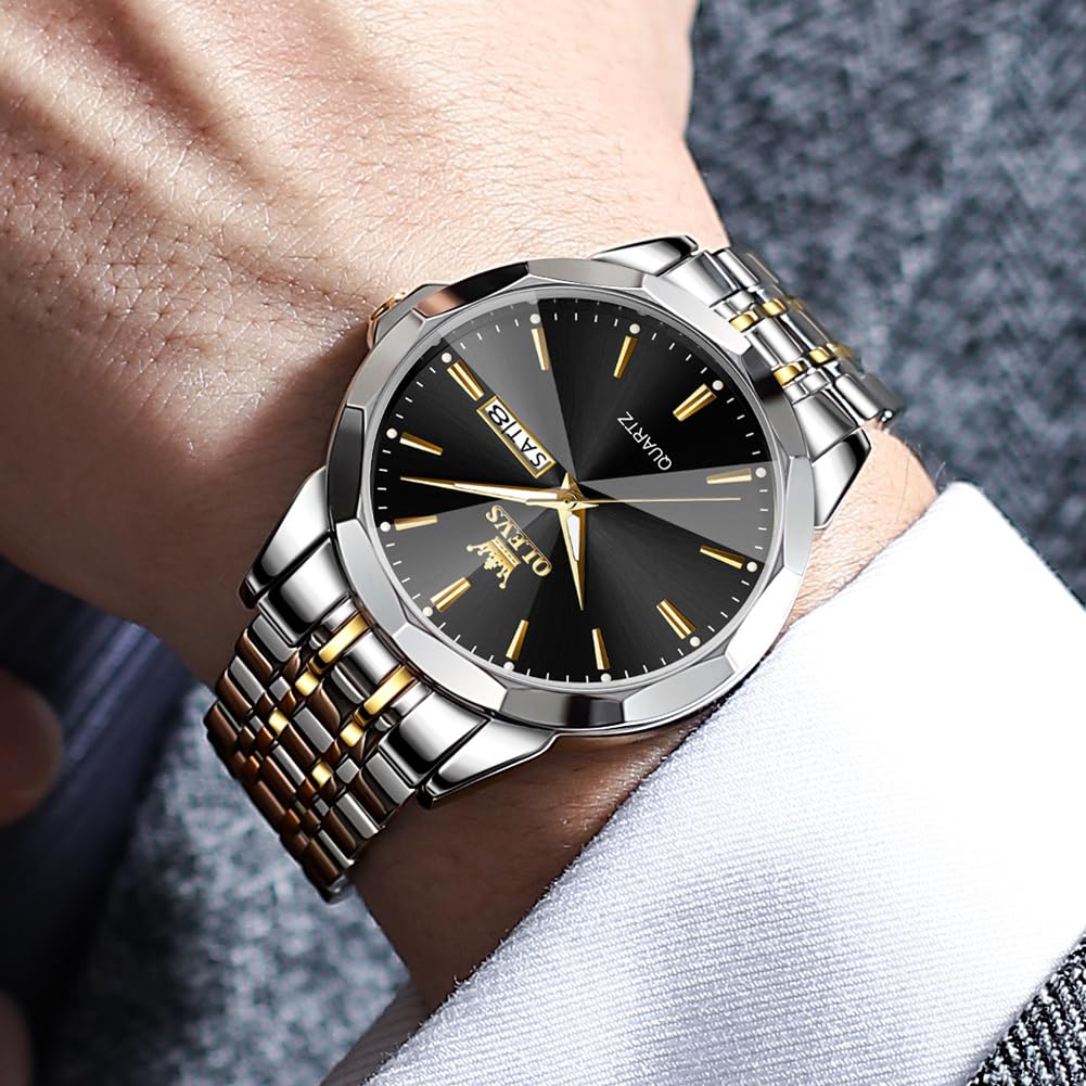 OLEVS Watch for Men Diamond Business Dress Analog Quartz Stainless Steel Waterproof Luminous Date Two Tone Luxury Casual Wrist Watch