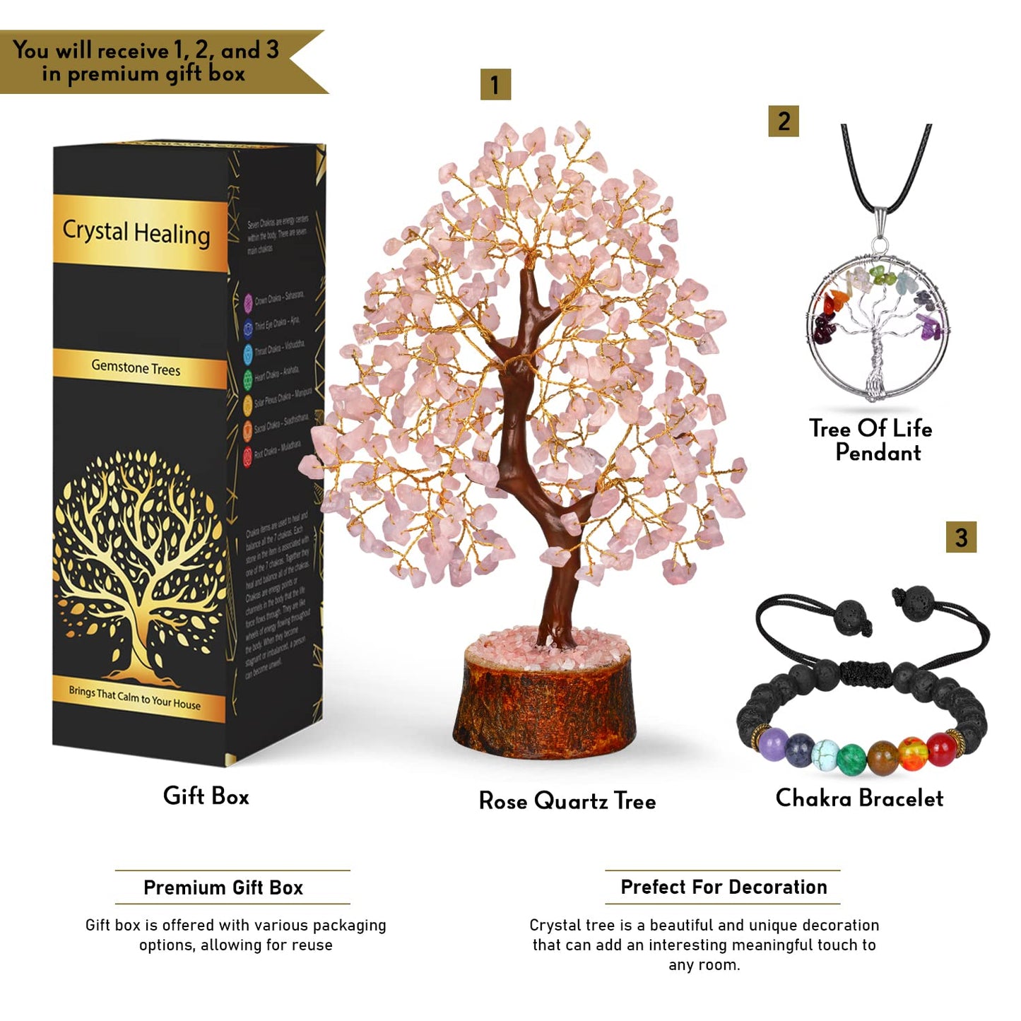 Seven Chakra Tree - Crystal Tree for Postive Energy - 7 Chakra Tree Of Life - Chakra Tree - Feng Shui Energy Crystals - Gemstone Tree - Fengshui Decor - Crystal Gifts - Housewarming Gift for Women