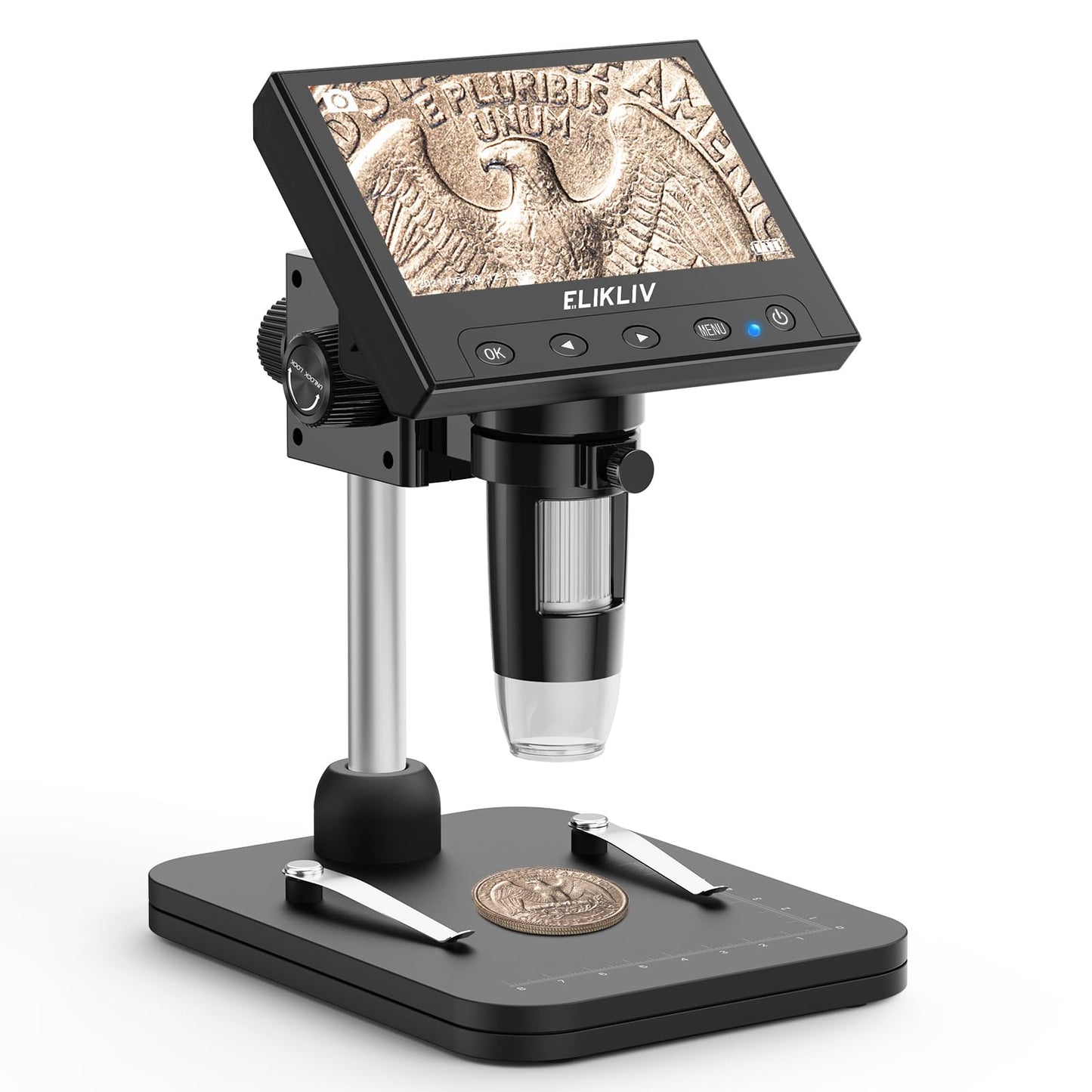 Elikliv Microscope, LCD Digital Coin Microscope 1000x, Coin Magnifier with 8 Adjustable LED Lights, PC View Compatible with Windows/MacBook, EDM4, 4.3 Inch