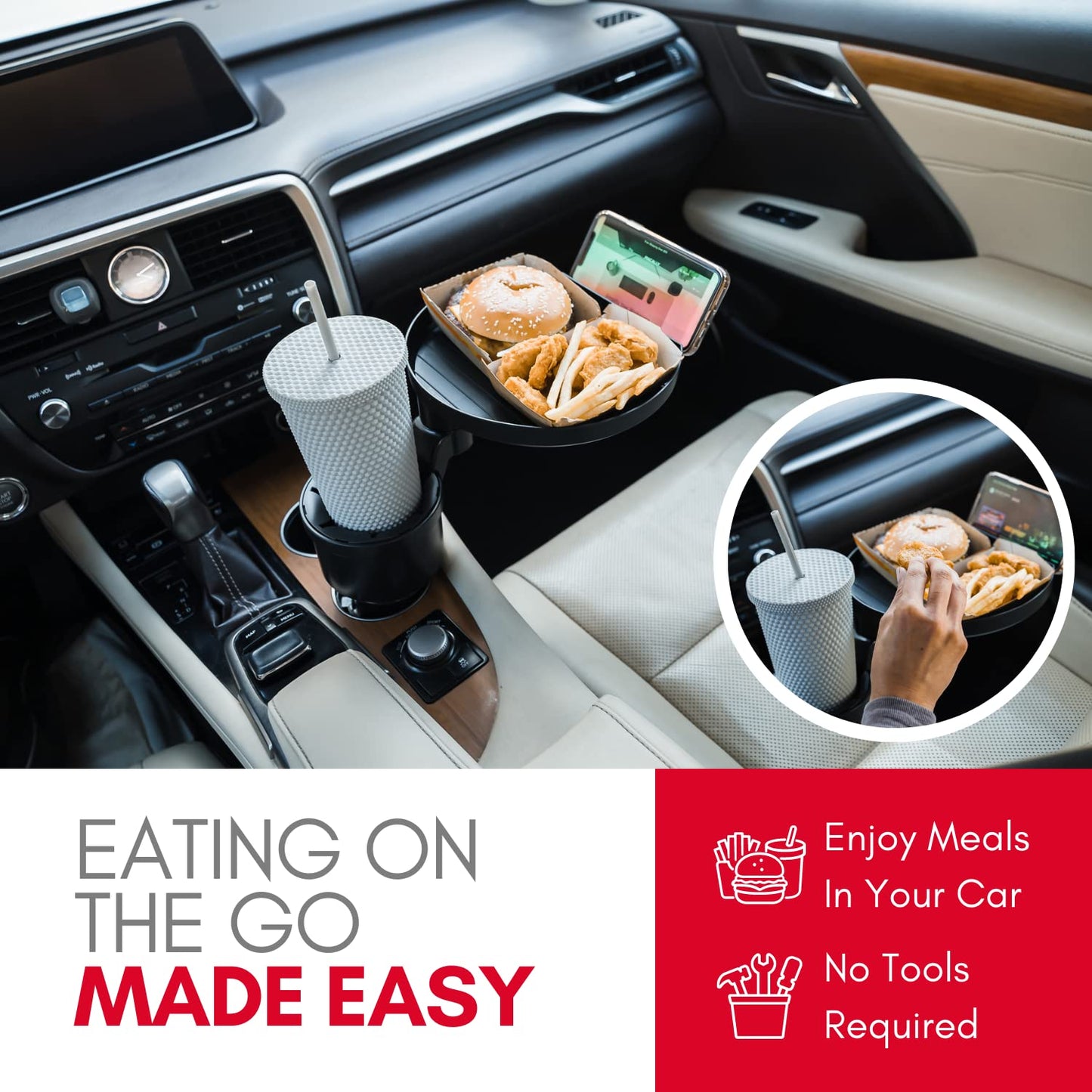 Macally Cup Holder Tray for Car - Adjustable Car Tray Table - Perfect Car Food Tray for Eating with Phone Slot and Swivel Arm - Car Organizer