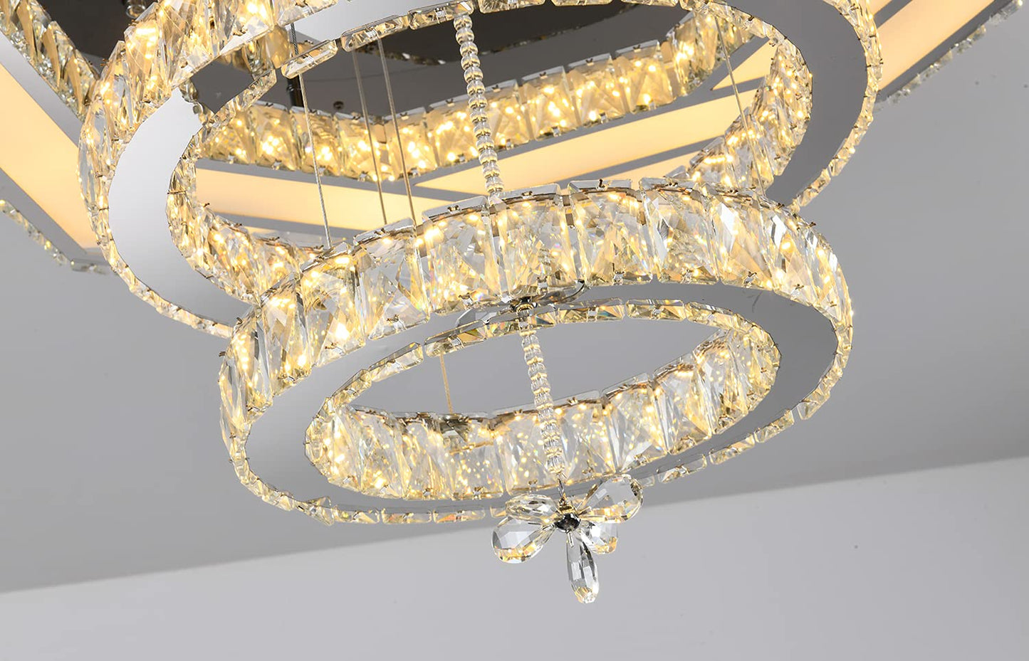 Flashing God Crystal Chandeliers Dia 32" Silver Elegant Chandelier Flush Mount Ceiling Light for Bedroom Living Room Dining Room Hallway Dimmable 3 Rings LED Celing Lighting Fixtures