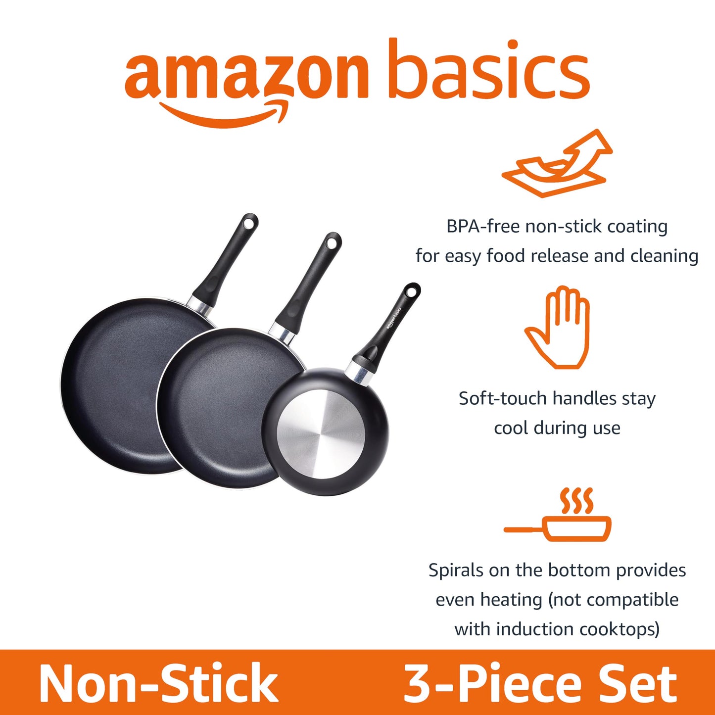 Amazon Basics Non Stick 8-Piece Kitchen Cookware Set, Includes Pots and Pans, Black