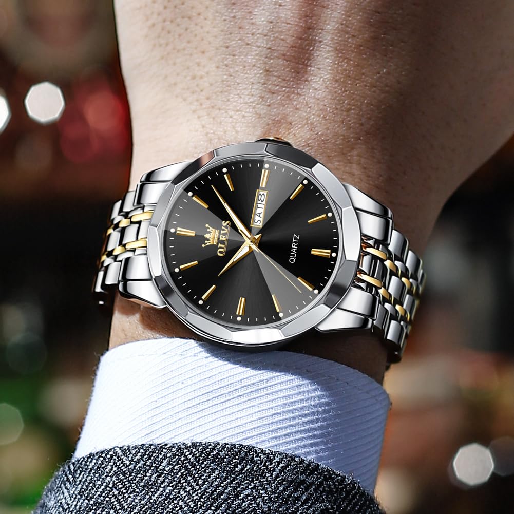OLEVS Watch for Men Diamond Business Dress Analog Quartz Stainless Steel Waterproof Luminous Date Two Tone Luxury Casual Wrist Watch