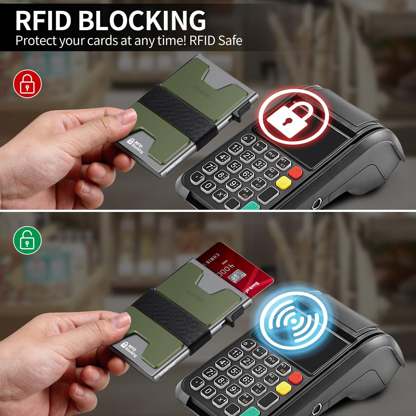 Slim Aluminum Card Holder Wallet for Men, Durable Expandable Backplate, RFID Blocking Minimalist Metal Pop Up Wallet, Holds 12+ Cards Plus Cash (Black)