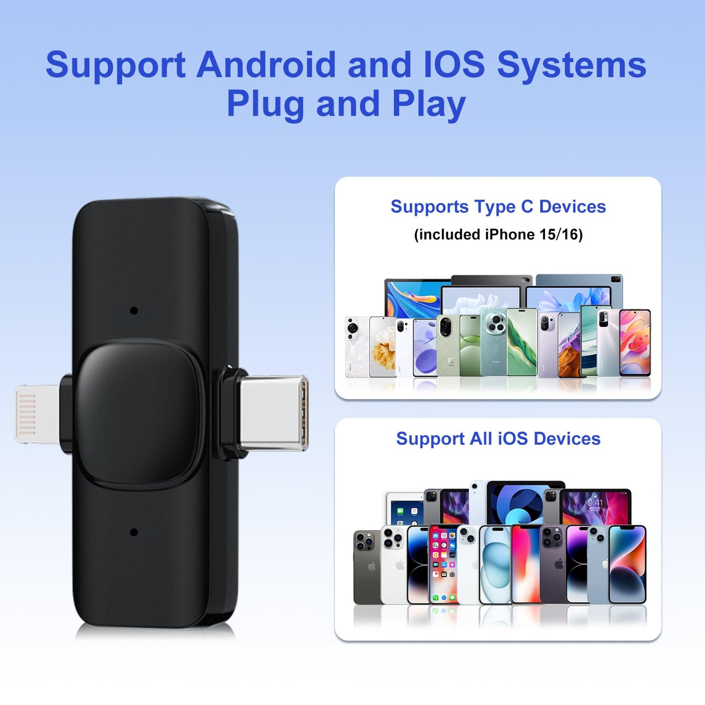 2 Pack Wireless Lavalier Microphone for iPhone, Professional Lapel Mics, Wireless Mic Plug-Play, Lapel Microphone for Video Recording Interview TikTok (USB C for Android iphone15/16)