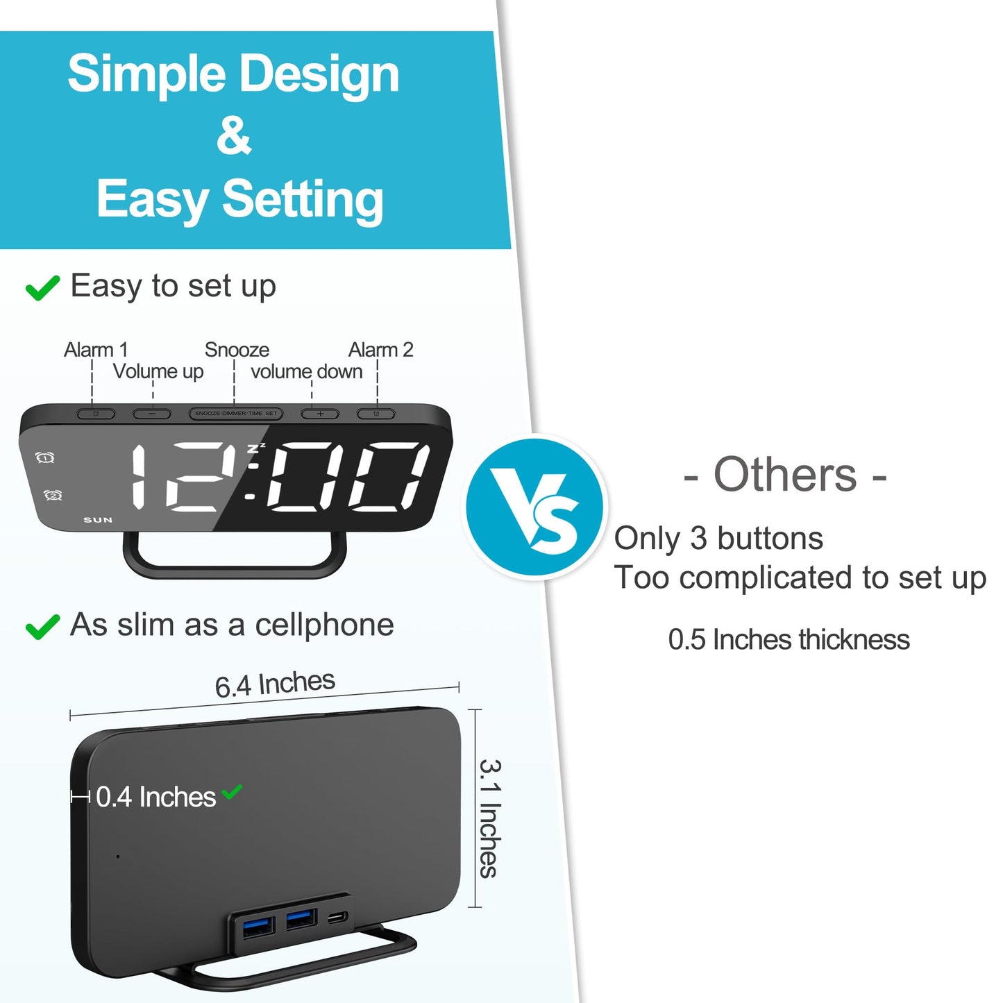 Slim LED Digital Alarm Clock, Mirror Surface for Makeup, with Diming, Large Display, Easy Setting, USB Ports, Modern Decor for Bedroom, Desk, Xmas, Birthday Gift for Women, Sister, Teen Girl, Silver