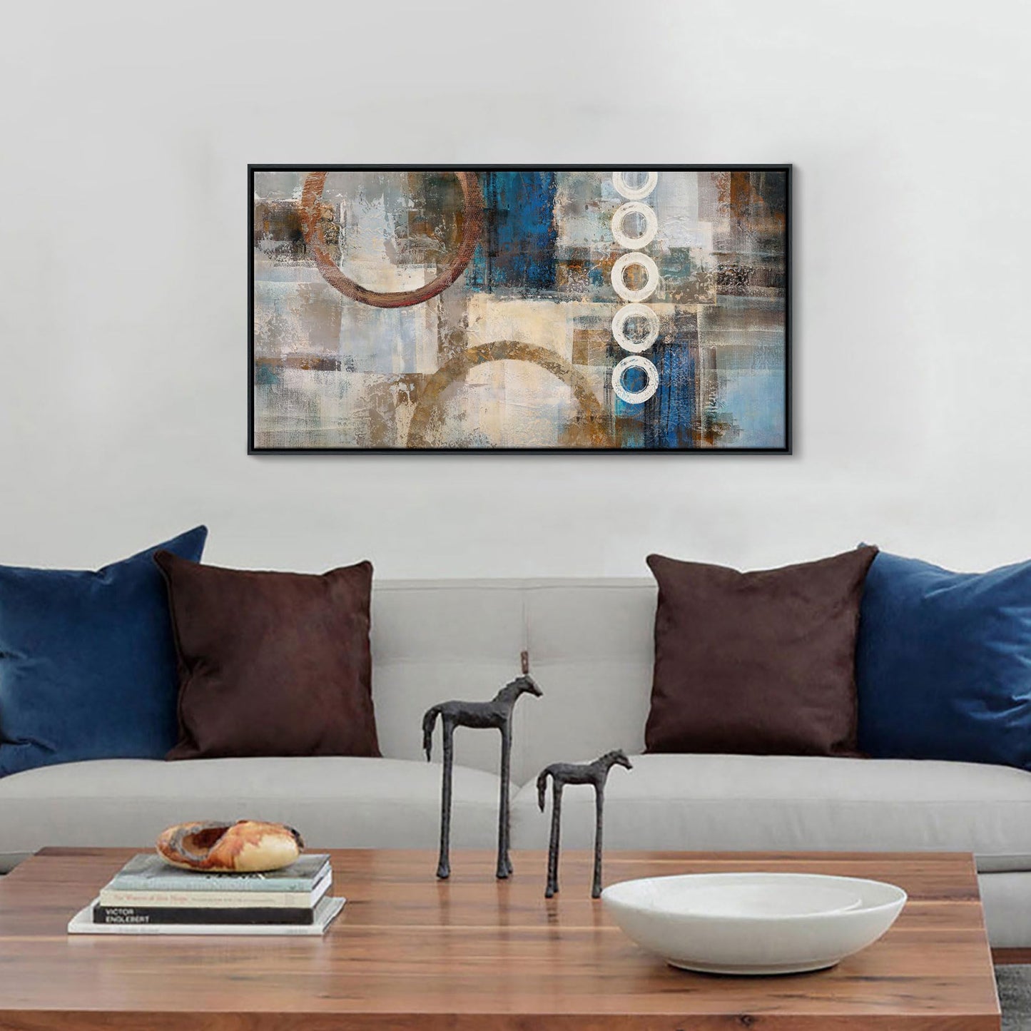yiijeah Wall Art for Living Room - Framed Picture Artwork for Walls - Blue Wall Art 24x48 Inches Contemporary Abstract Wall Art Prints Canvas Painting Large Size Wall Art for Bedroom Office
