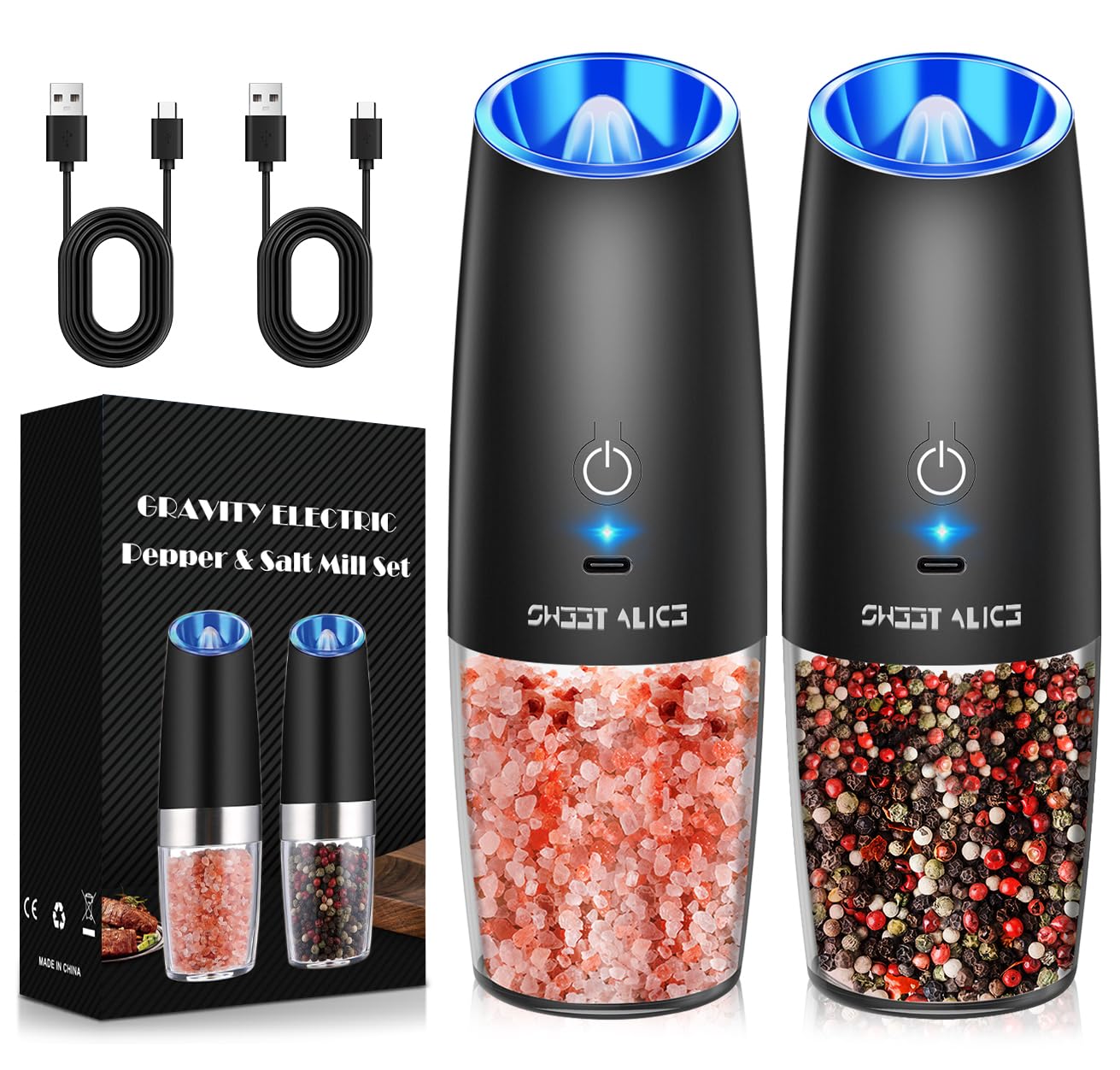 Gravity Electric Pepper and Salt Grinder Set, Salt and Pepper Mill & Adjustable Coarseness, Battery Powered with LED Light, One Hand Automatic Operation, Stainless Steel (Set/Silver)