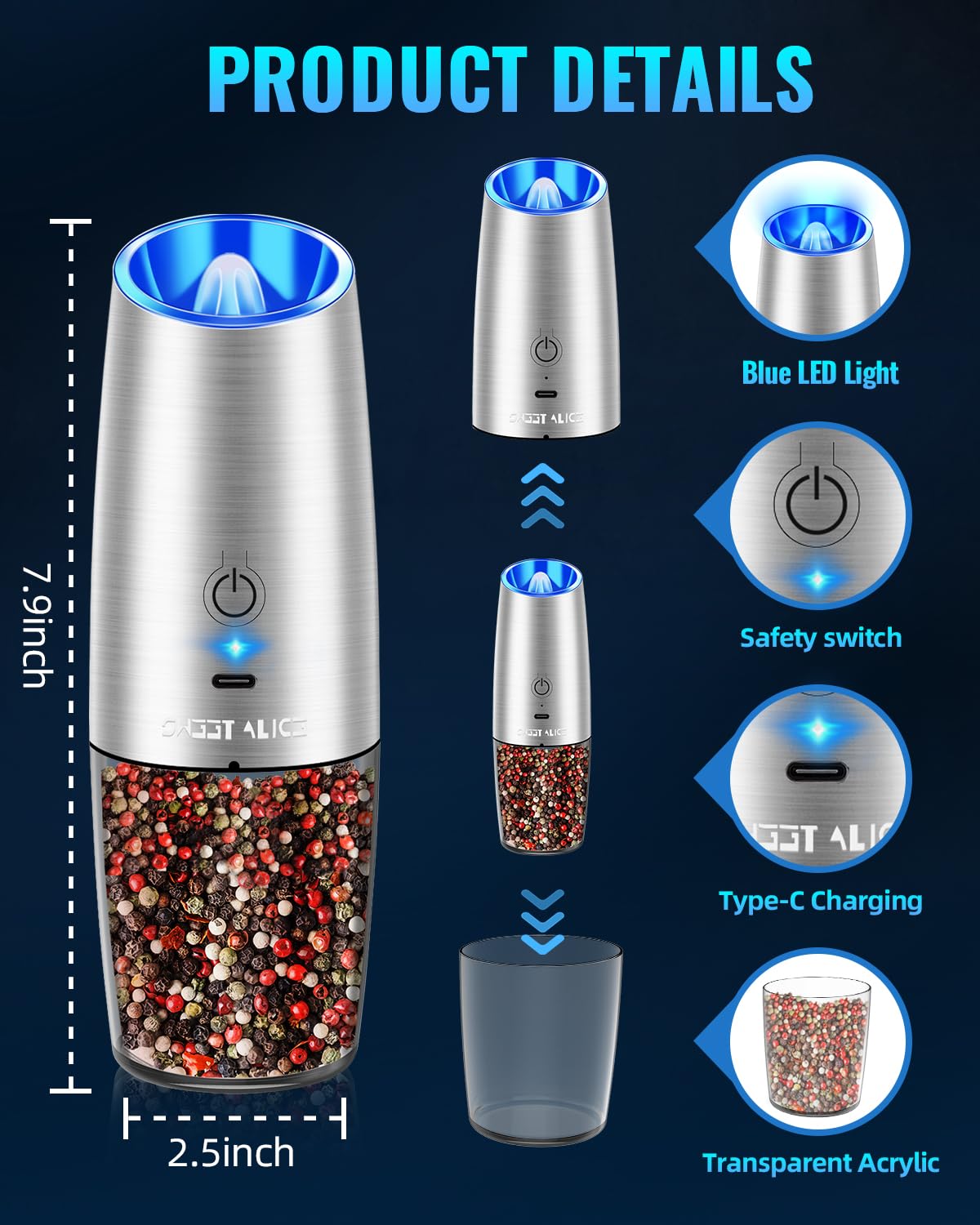 Gravity Electric Pepper and Salt Grinder Set, Salt and Pepper Mill & Adjustable Coarseness, Battery Powered with LED Light, One Hand Automatic Operation, Stainless Steel (Set/Silver)
