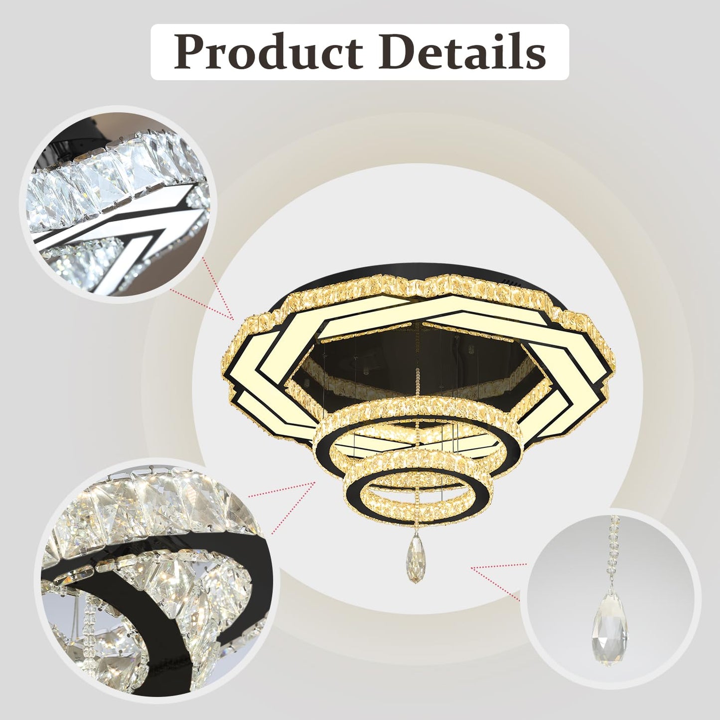 Flashing God Crystal Chandeliers Dia 32" Silver Elegant Chandelier Flush Mount Ceiling Light for Bedroom Living Room Dining Room Hallway Dimmable 3 Rings LED Celing Lighting Fixtures
