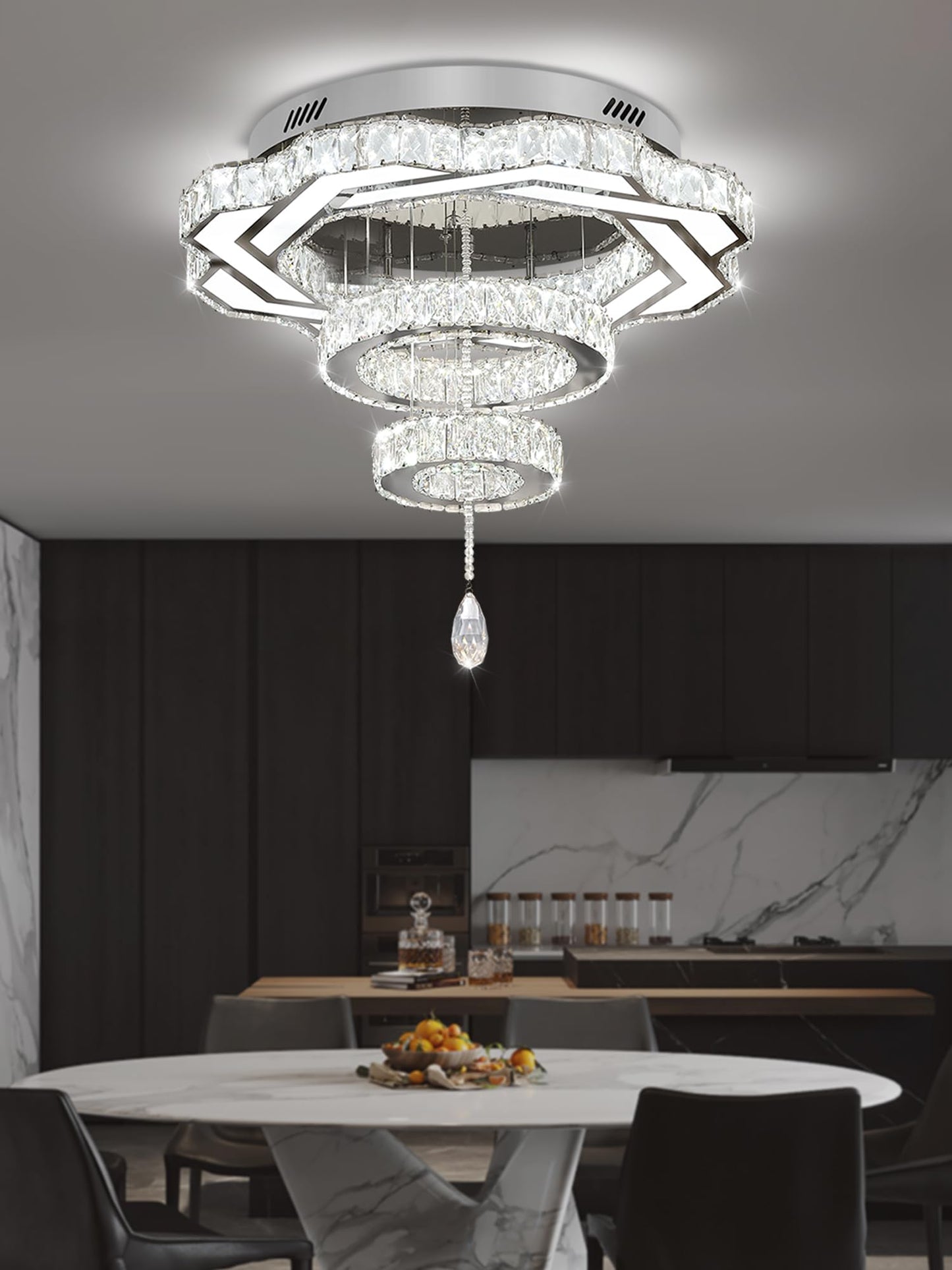 Flashing God Crystal Chandeliers Dia 32" Silver Elegant Chandelier Flush Mount Ceiling Light for Bedroom Living Room Dining Room Hallway Dimmable 3 Rings LED Celing Lighting Fixtures