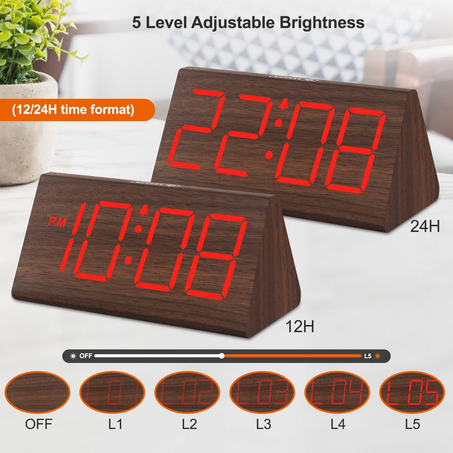 DreamSky Wooden Digital Alarm Clocks for Bedrooms - Electric Desk Clock with Large Numbers, USB Port, Loud Alarm for Heavy Sleepers, Adjustable Volume, Dimmer, Snooze, DST, 12/24H, Wood Décor (Brown)