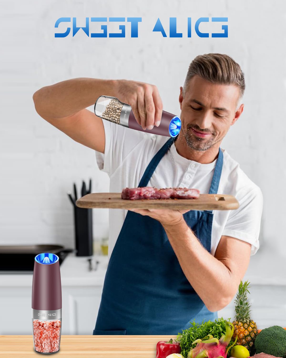 Gravity Electric Pepper and Salt Grinder Set, Salt and Pepper Mill & Adjustable Coarseness, Battery Powered with LED Light, One Hand Automatic Operation, Stainless Steel (Set/Silver)