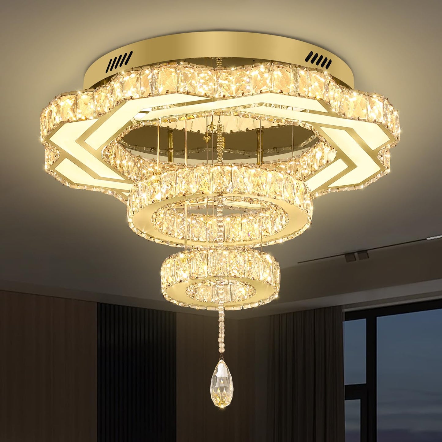 Flashing God Crystal Chandeliers Dia 32" Silver Elegant Chandelier Flush Mount Ceiling Light for Bedroom Living Room Dining Room Hallway Dimmable 3 Rings LED Celing Lighting Fixtures