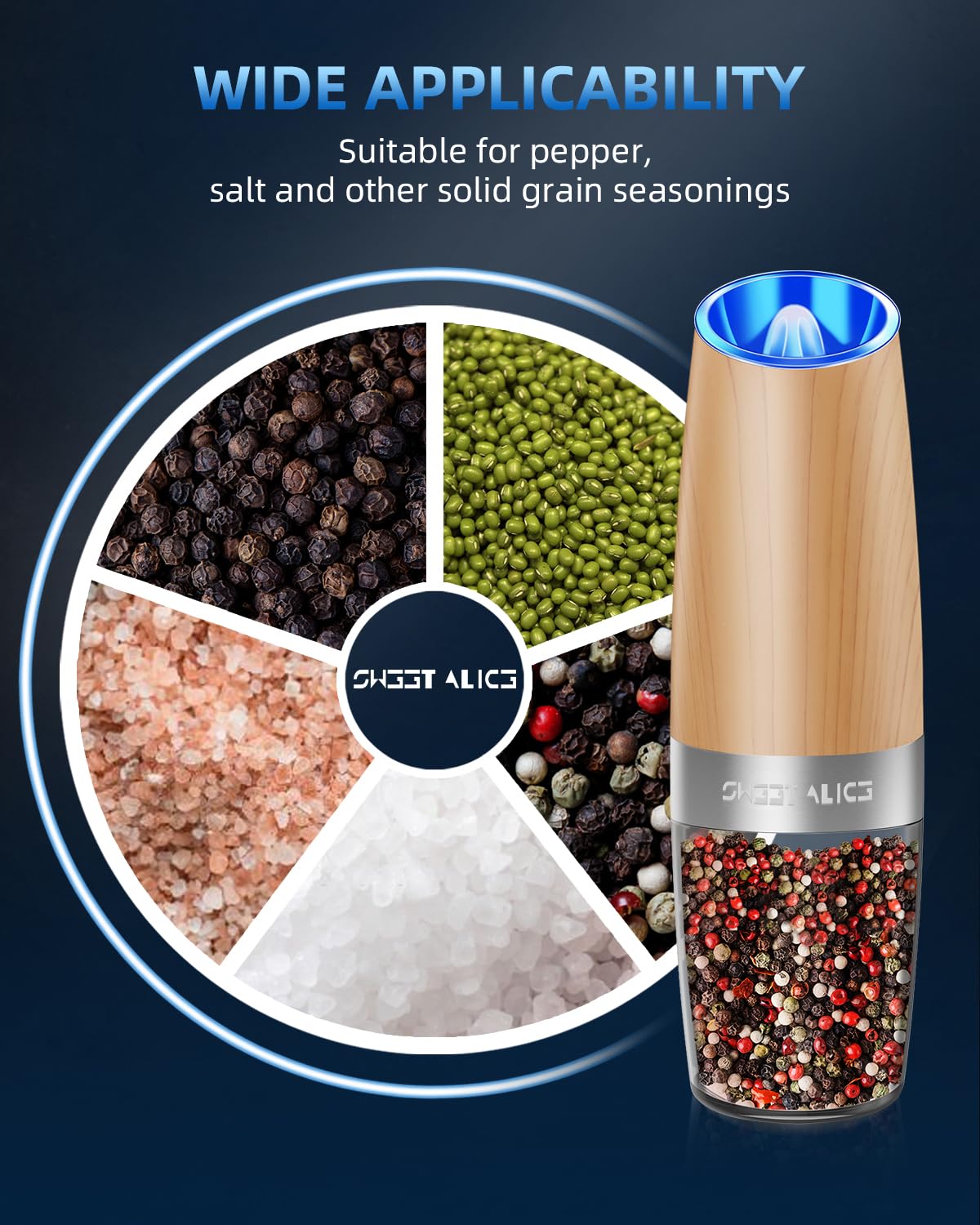 Gravity Electric Pepper and Salt Grinder Set, Salt and Pepper Mill & Adjustable Coarseness, Battery Powered with LED Light, One Hand Automatic Operation, Stainless Steel (Set/Silver)