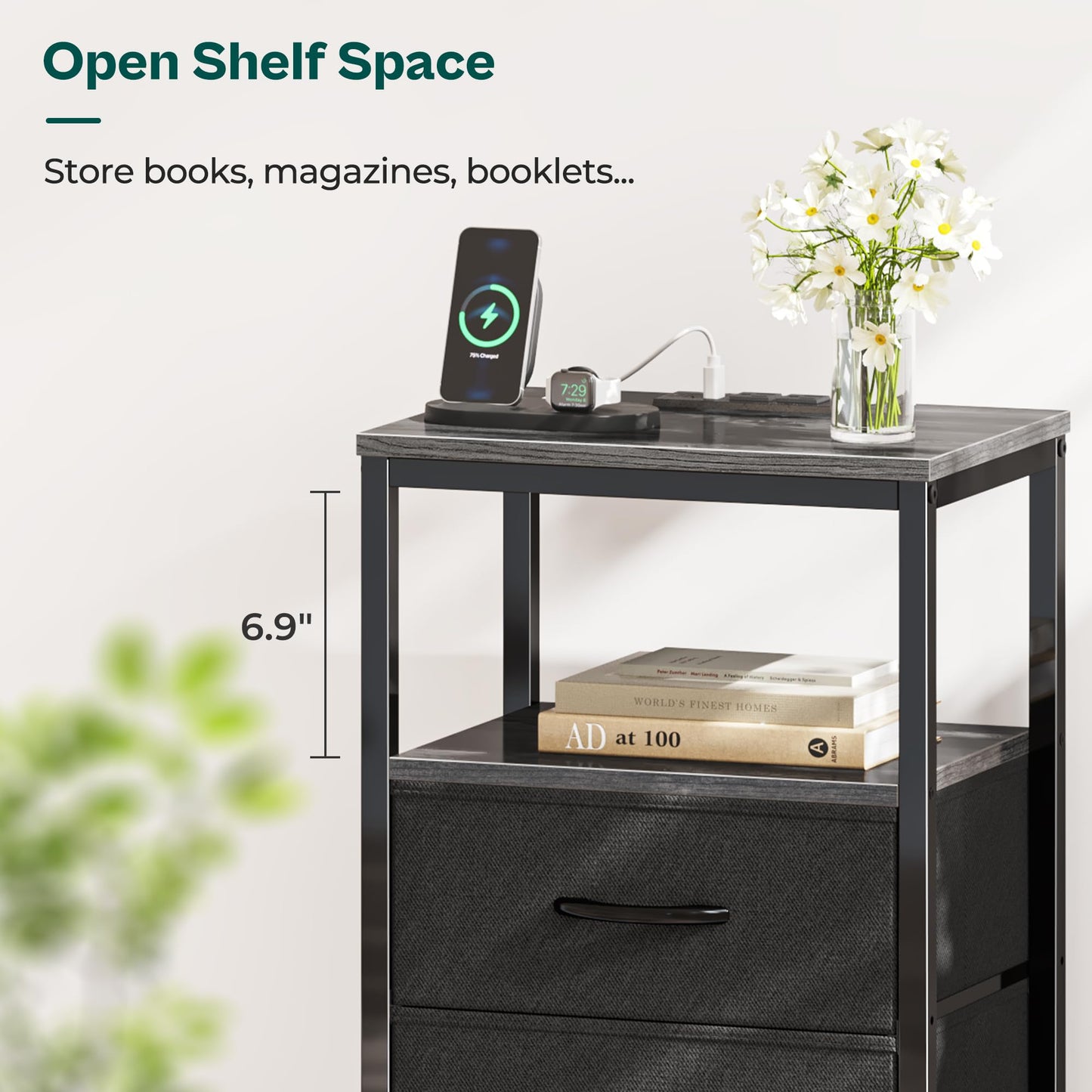 Huuger Nightstand with Charging Station, Side Table with Fabric Drawers, End Table with Open Shelf, Bedside Table with USB Ports and Outlets, Night Stand for Bedroom, Rustic Brown and Black