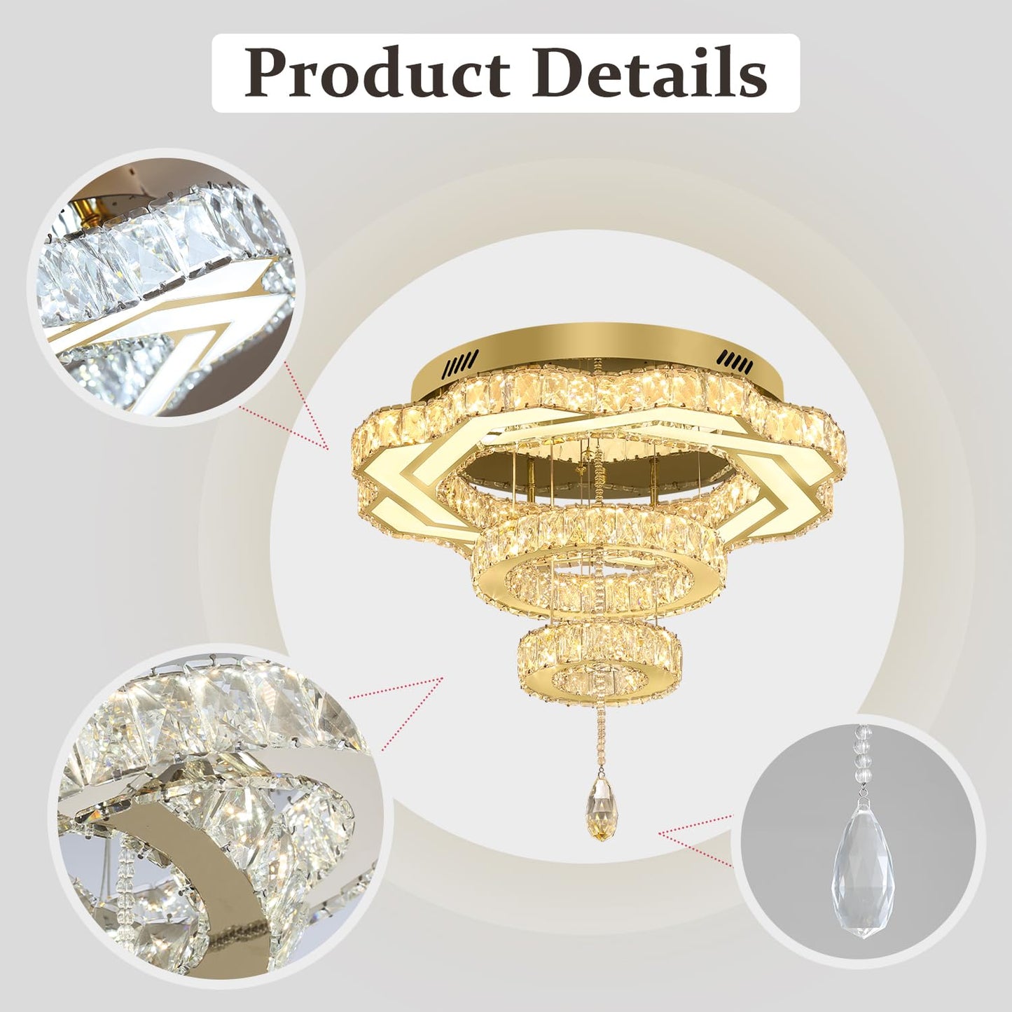 Flashing God Crystal Chandeliers Dia 32" Silver Elegant Chandelier Flush Mount Ceiling Light for Bedroom Living Room Dining Room Hallway Dimmable 3 Rings LED Celing Lighting Fixtures