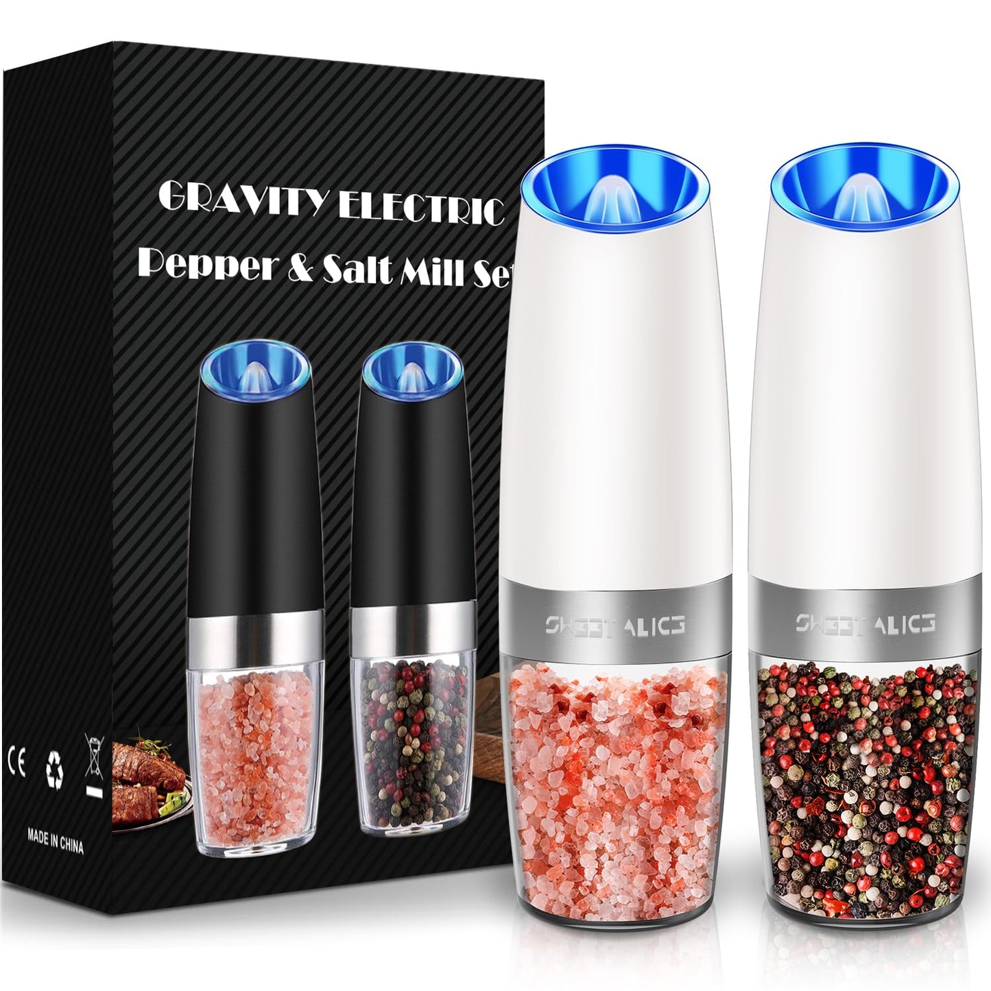 Gravity Electric Pepper and Salt Grinder Set, Salt and Pepper Mill & Adjustable Coarseness, Battery Powered with LED Light, One Hand Automatic Operation, Stainless Steel (Set/Silver)