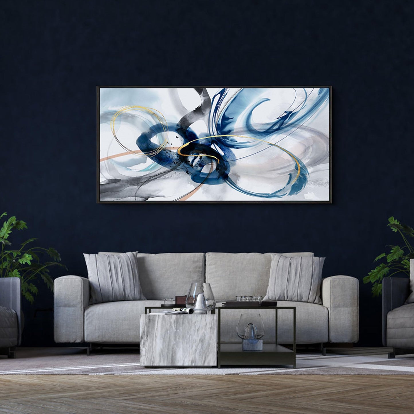 yiijeah Wall Art for Living Room - Framed Picture Artwork for Walls - Blue Wall Art 24x48 Inches Contemporary Abstract Wall Art Prints Canvas Painting Large Size Wall Art for Bedroom Office