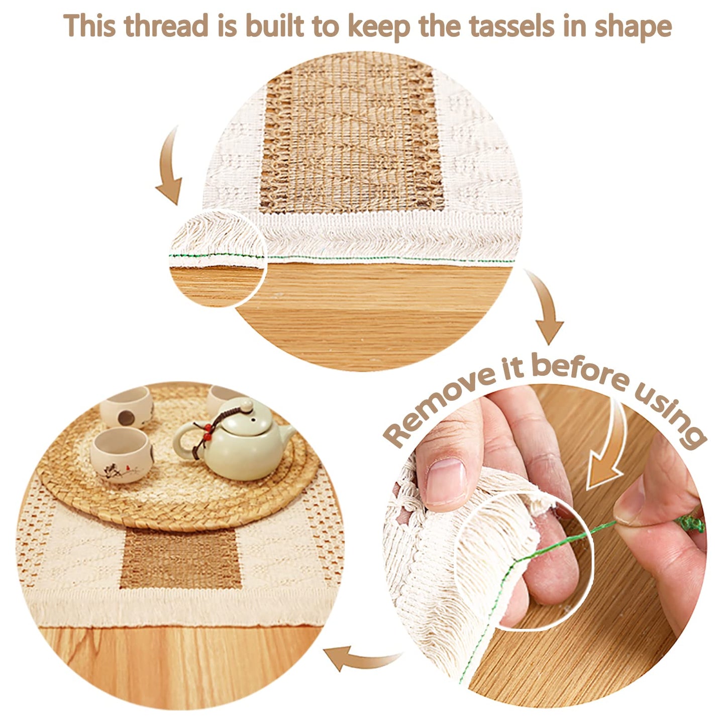 Handmade Boho Placemats Set of 6 - Natural Cotton Burlap and Water Straw Woven Combination Table Mats, Macrame Décor and Farmhouse Style Placemats, for Dining Table Kitchen