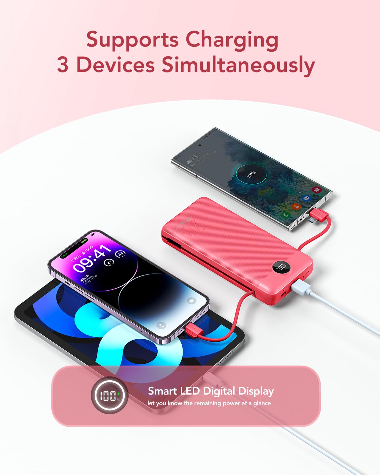 VRURC Power Bank 20000mAh, Fast Charging Portable Charger USB C,4 Output 2 Input Charging Bank Equipped with LED Display,Built-in Wall Plug and Cables,Cell Phone Replacement Battery,White