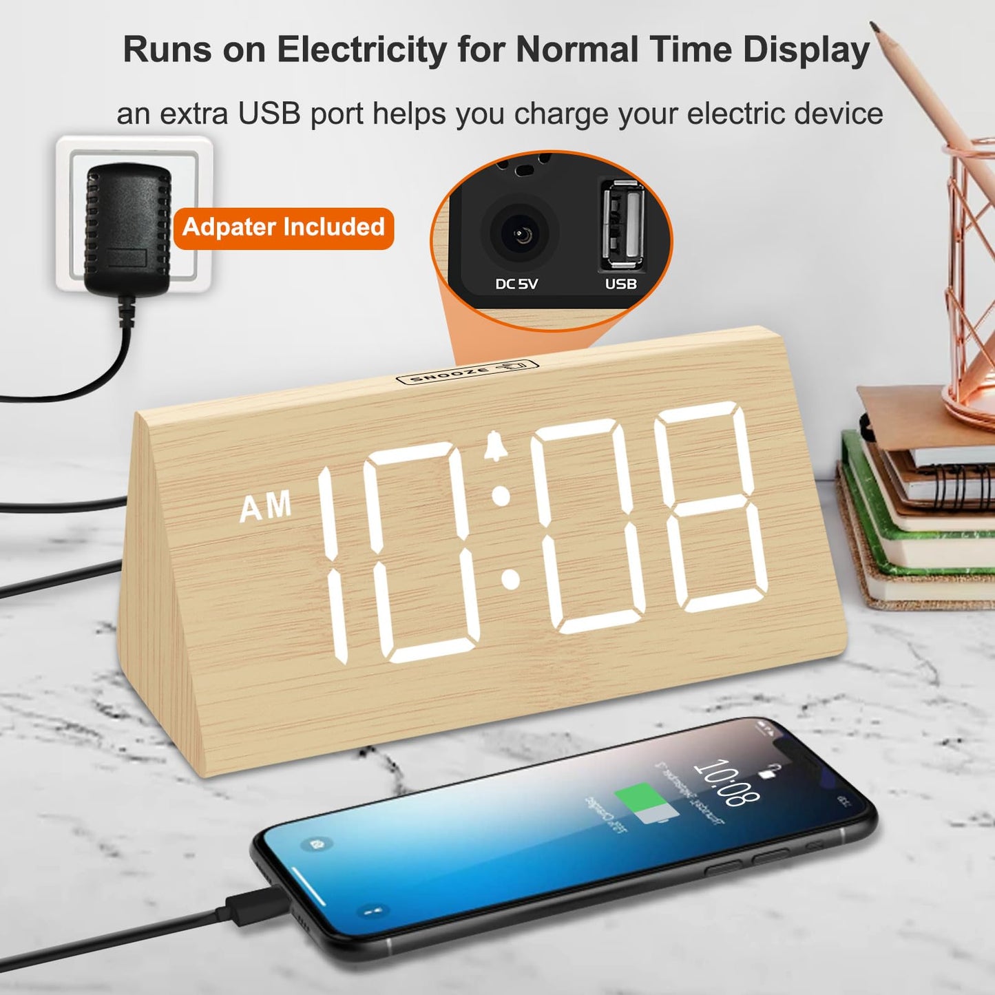DreamSky Wooden Digital Alarm Clocks for Bedrooms - Electric Desk Clock with Large Numbers, USB Port, Loud Alarm for Heavy Sleepers, Adjustable Volume, Dimmer, Snooze, DST, 12/24H, Wood Décor (Brown)