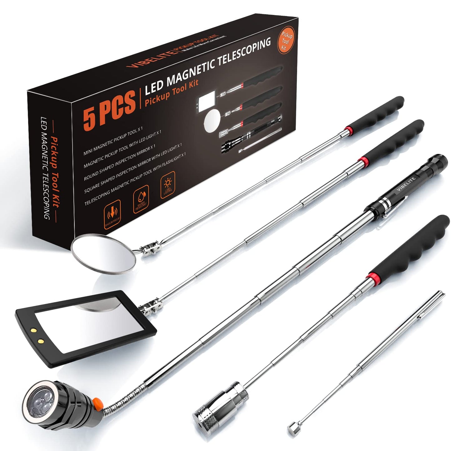 VIBELITE Extendable Magnetic Flashlight with Telescoping Magnet Pickup Tool-Cool Gadgets Gifts Idea & Gifts for Men,Husband,Dad,Father,Mechanic,Tech,Handyman,Him Women, Silve