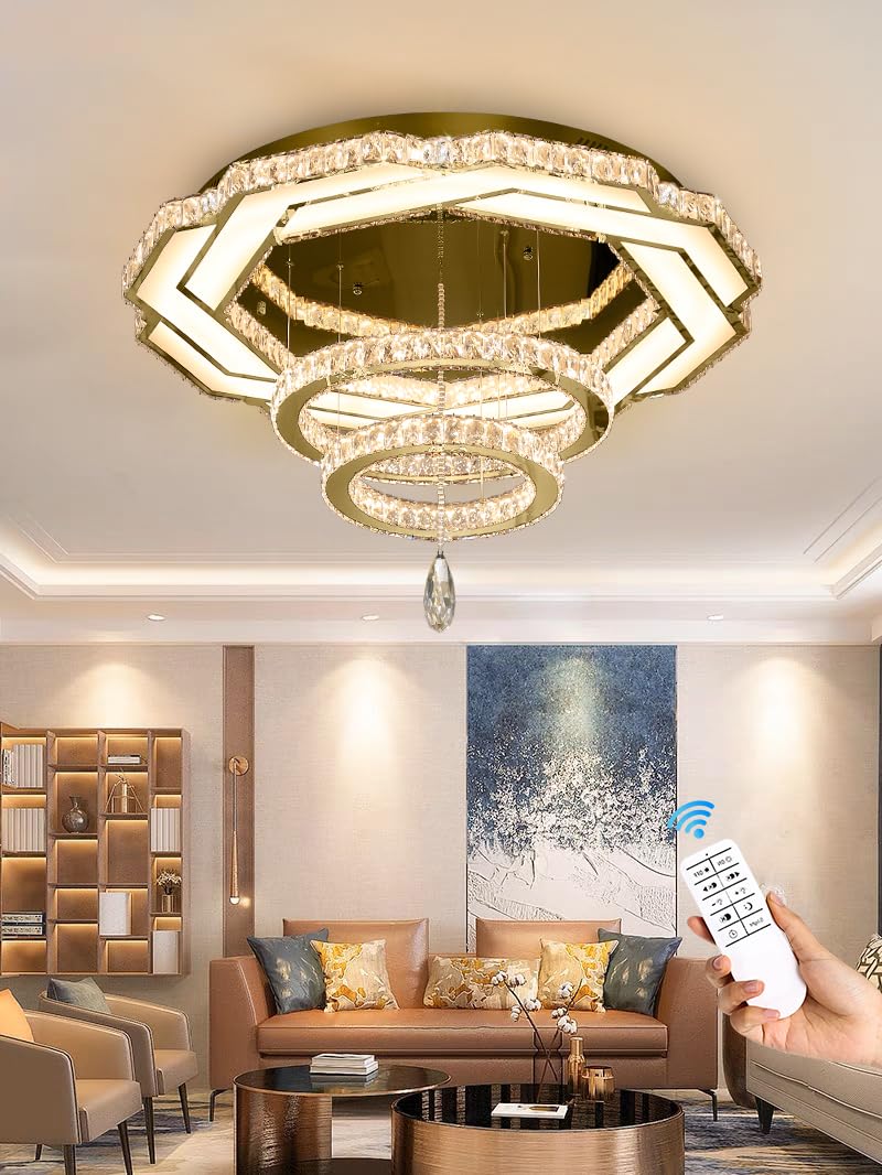 Flashing God Crystal Chandeliers Dia 32" Silver Elegant Chandelier Flush Mount Ceiling Light for Bedroom Living Room Dining Room Hallway Dimmable 3 Rings LED Celing Lighting Fixtures