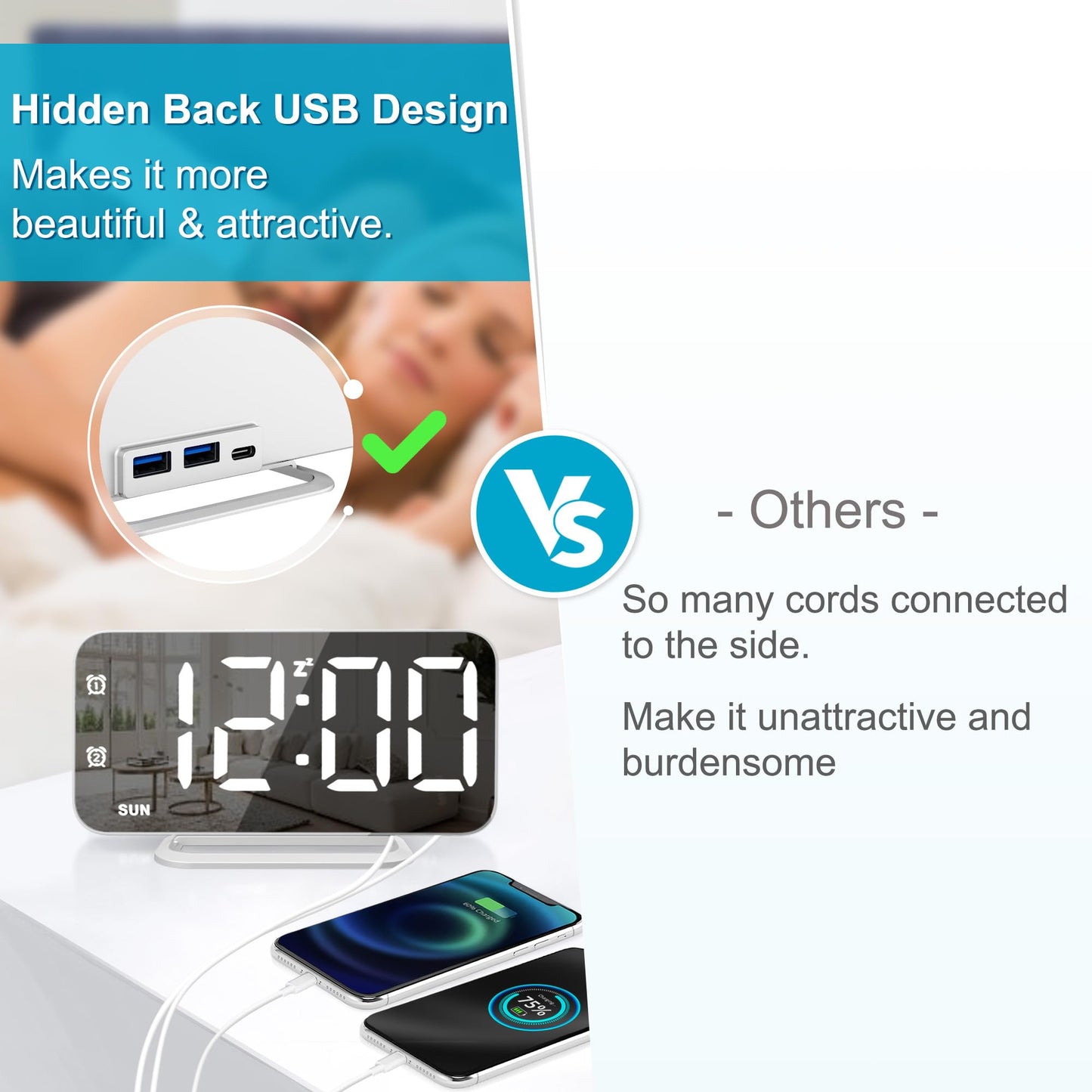 Slim LED Digital Alarm Clock, Mirror Surface for Makeup, with Diming, Large Display, Easy Setting, USB Ports, Modern Decor for Bedroom, Desk, Xmas, Birthday Gift for Women, Sister, Teen Girl, Silver