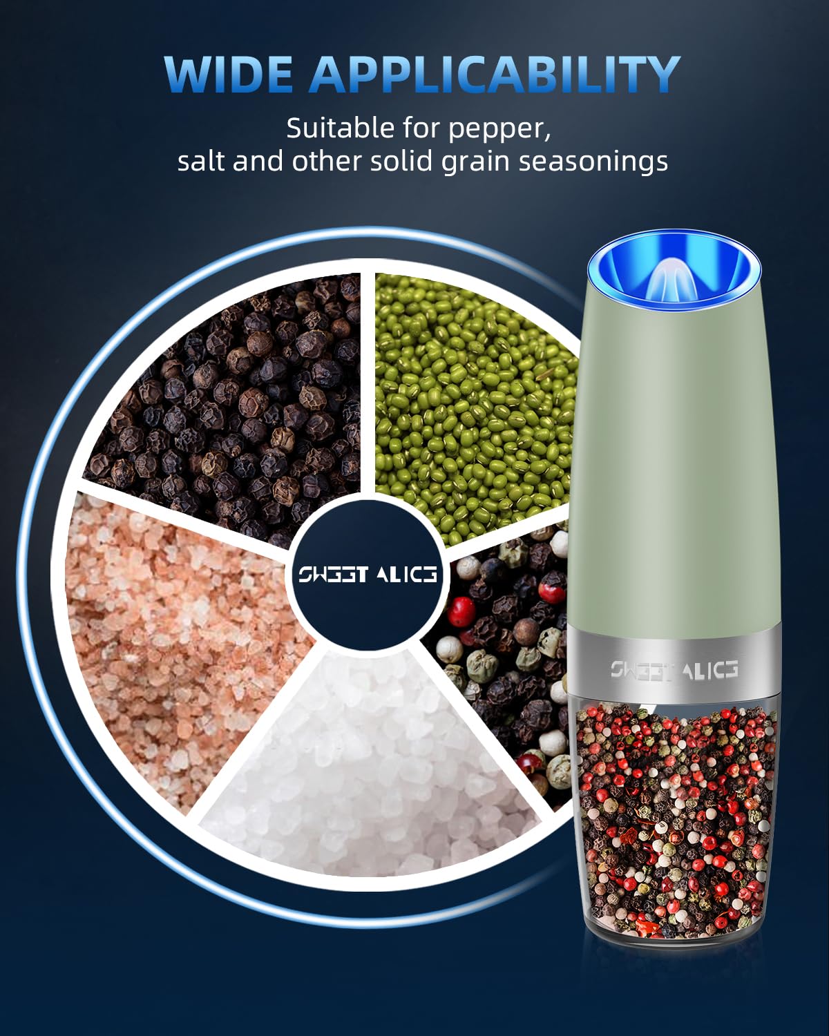 Gravity Electric Pepper and Salt Grinder Set, Salt and Pepper Mill & Adjustable Coarseness, Battery Powered with LED Light, One Hand Automatic Operation, Stainless Steel (Set/Silver)