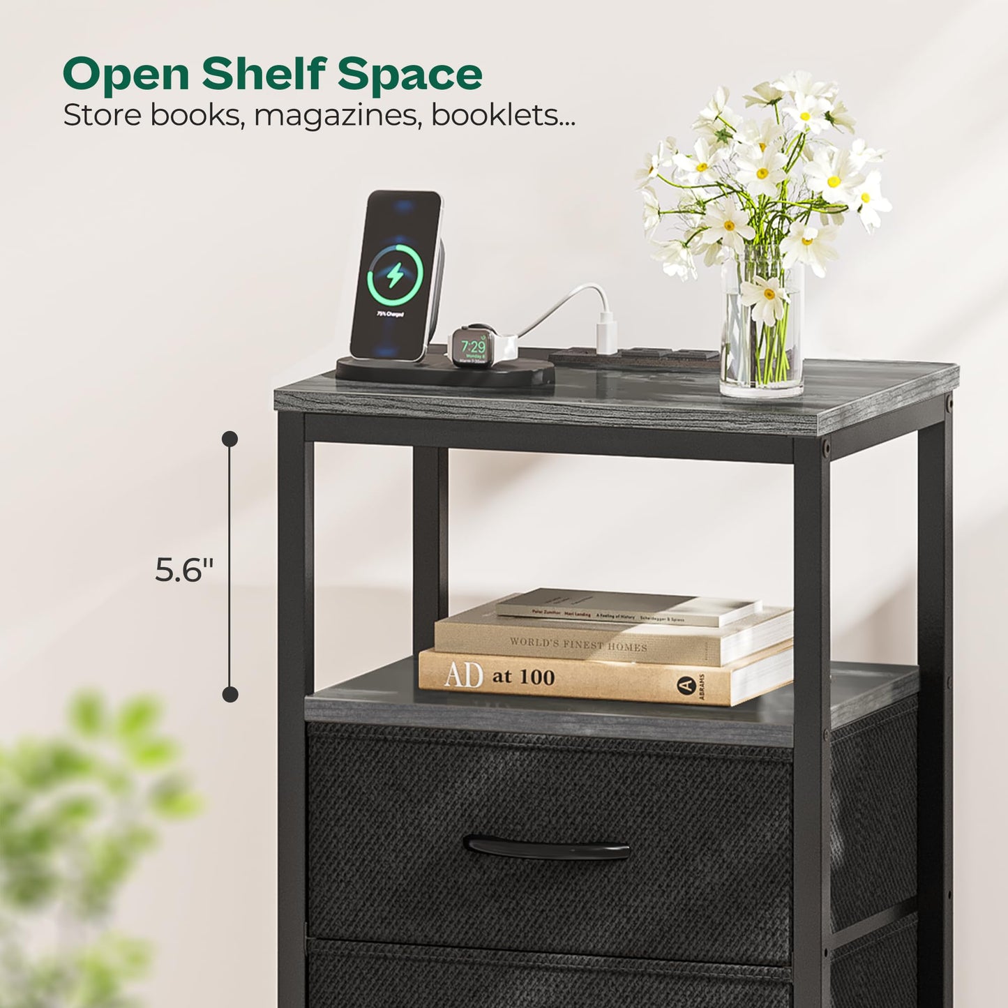 Huuger Nightstand with Charging Station, Side Table with Fabric Drawers, End Table with Open Shelf, Bedside Table with USB Ports and Outlets, Night Stand for Bedroom, Rustic Brown and Black