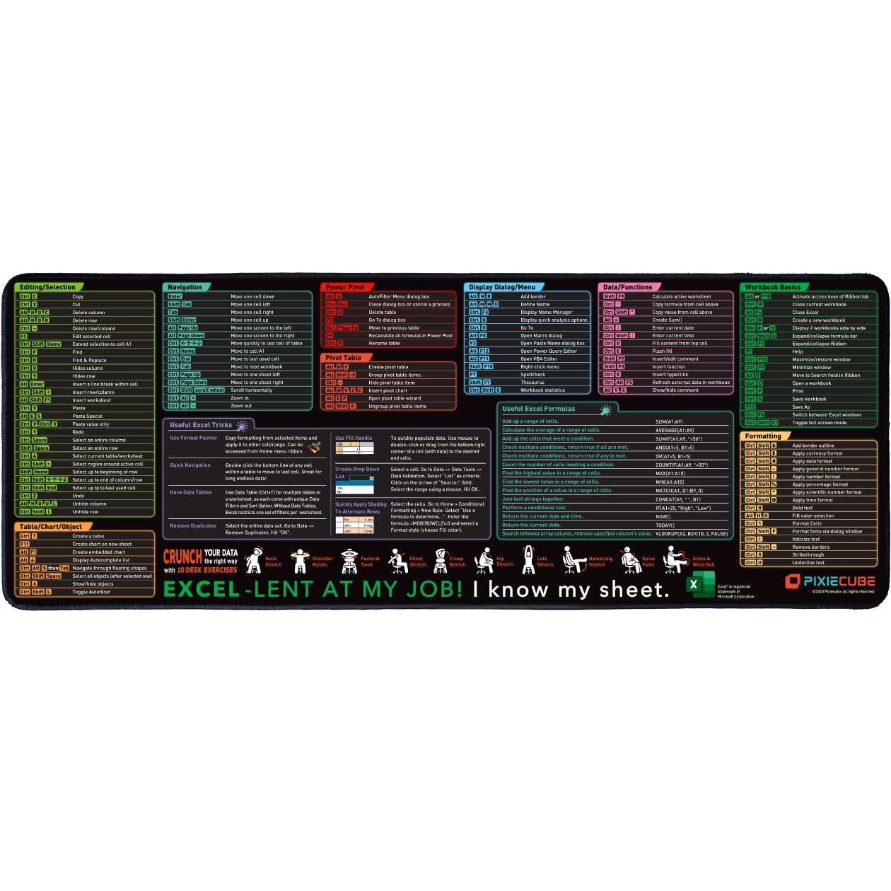 Excel Shortcut Keys Mouse Pad - Extended Large XL Cheat Sheet Gaming Mousepad | PC Office Spreadsheet Keyboard Mat | Non-Slip Stitched Edge