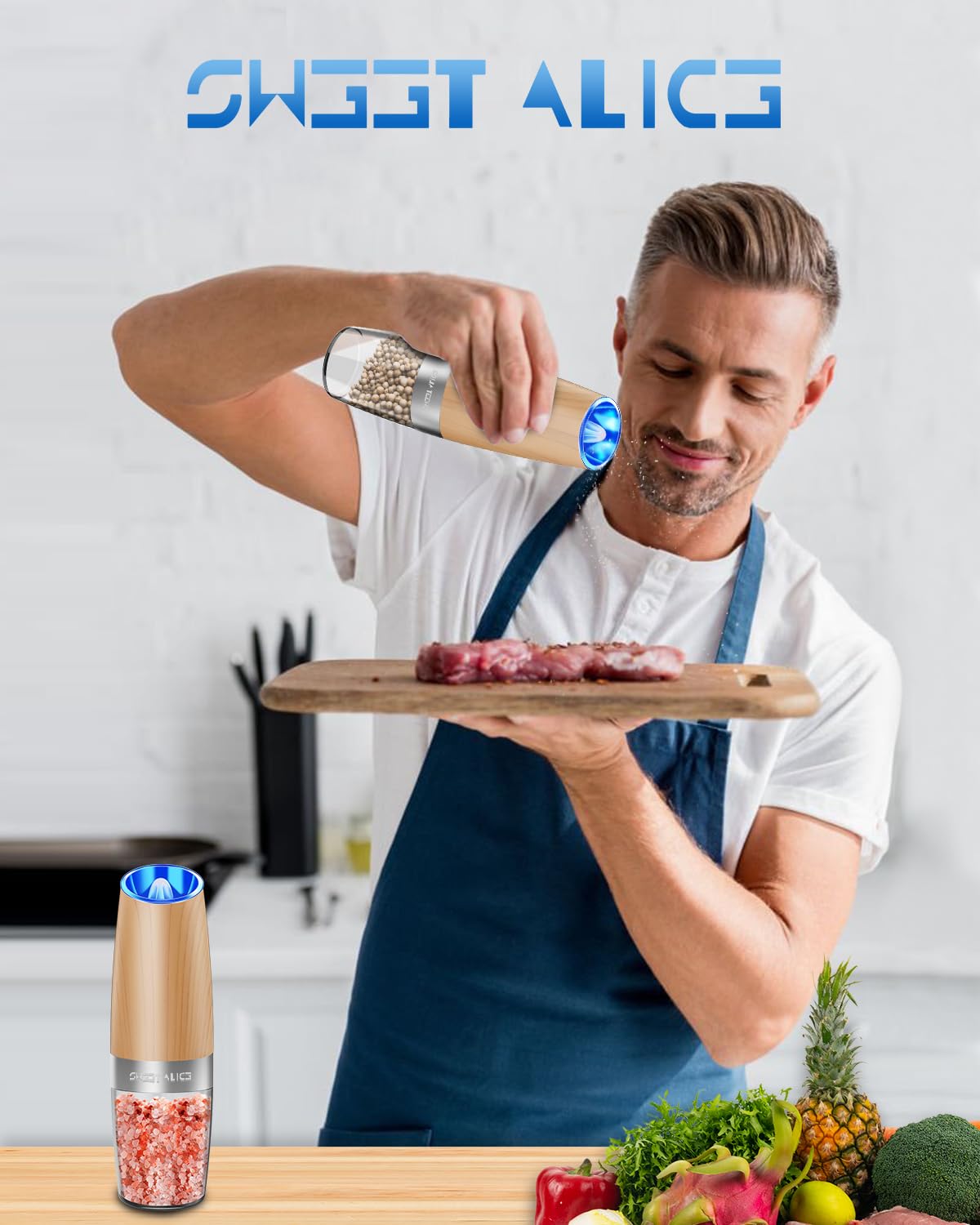 Gravity Electric Pepper and Salt Grinder Set, Salt and Pepper Mill & Adjustable Coarseness, Battery Powered with LED Light, One Hand Automatic Operation, Stainless Steel (Set/Silver)