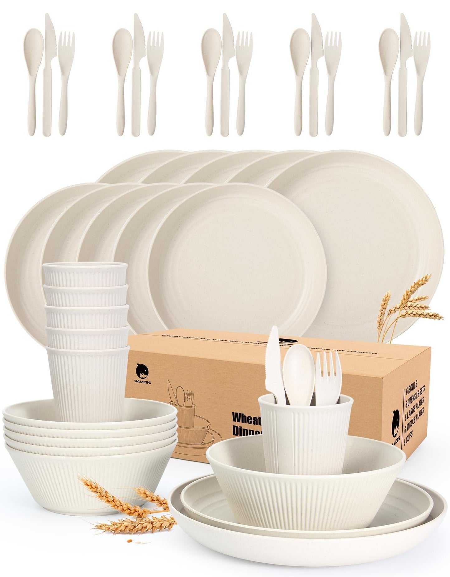 42 Pieces Wheat Straw Dinnerware Set - OAMCEG Plastic Dinner Set for 6, Kitchen Plates and Bowls Set, College Dorm Microwave Dishes, Unbreakable Plastic Outdoor Camping Dishes, Black